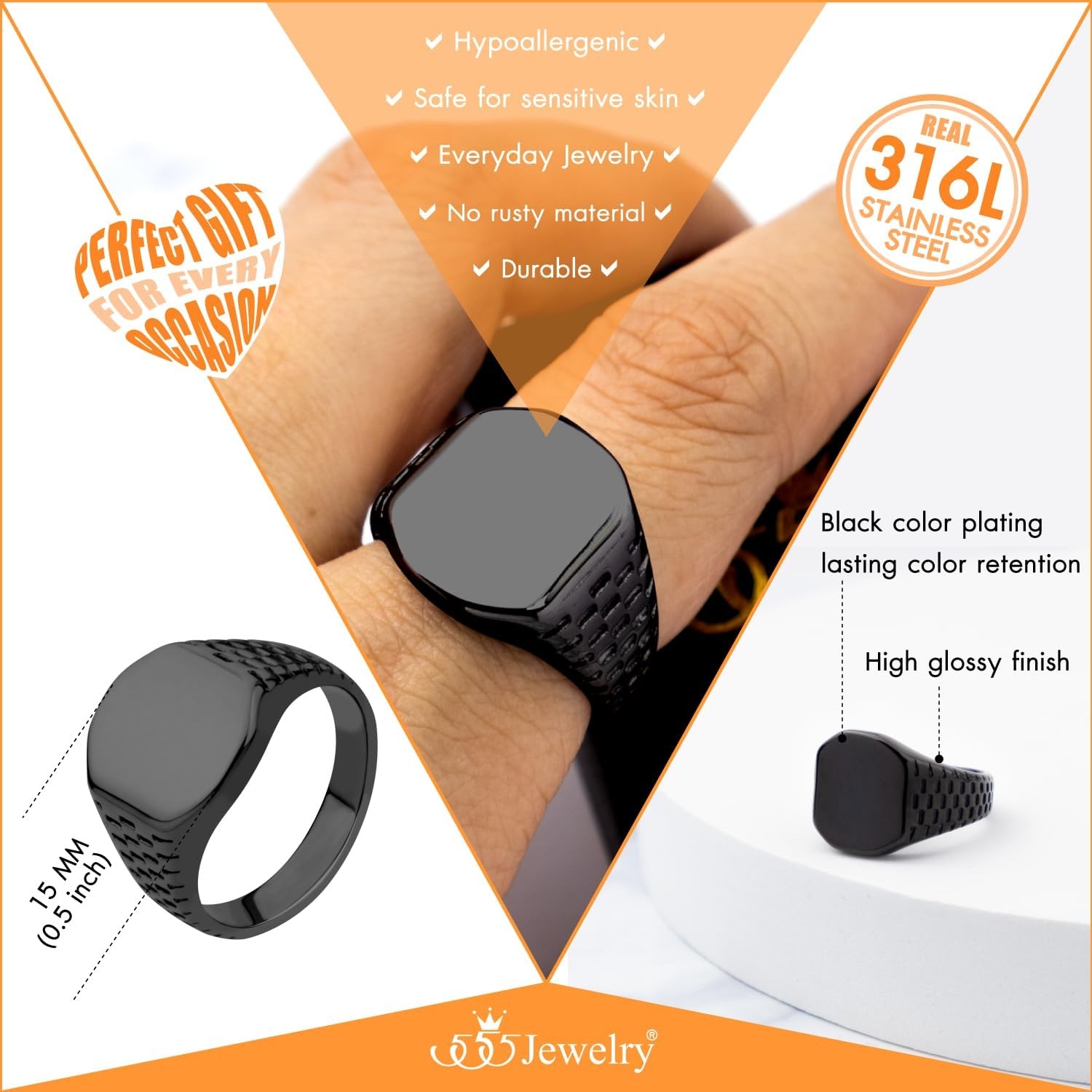image:image555Jewelry Stainless Steel Solid Plain High Polish Round Signet Ring for MenSquare Black