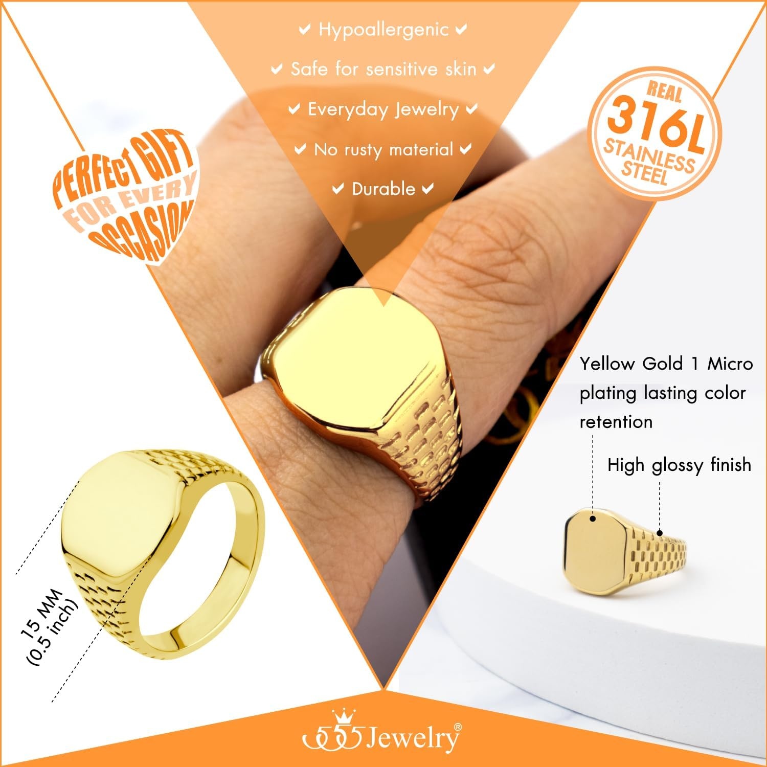 image:image555Jewelry Stainless Steel Solid Plain High Polish Round Signet Ring for MenSquare Gold