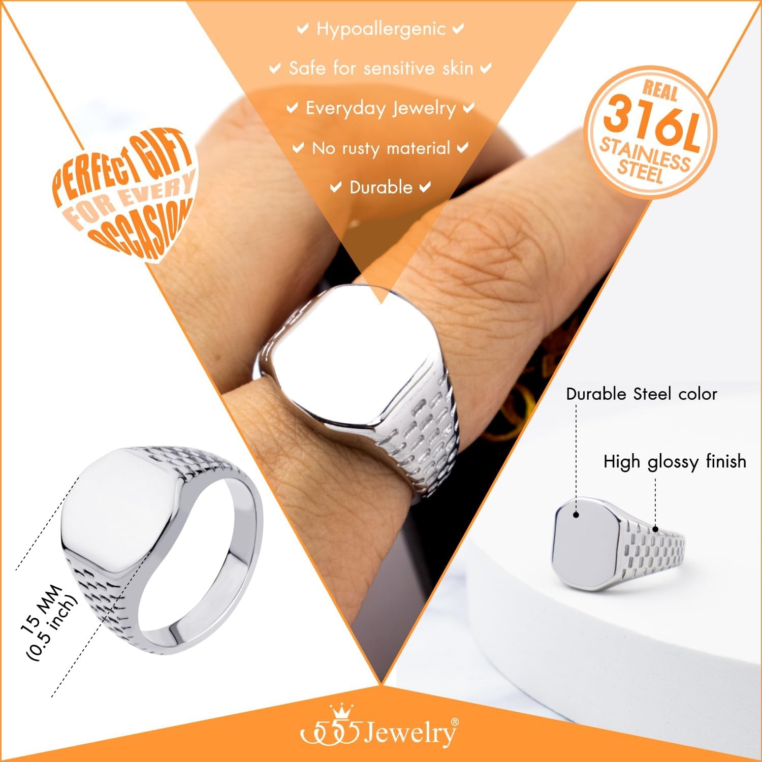 image:image555Jewelry Stainless Steel Solid Plain High Polish Round Signet Ring for MenSquare Silver