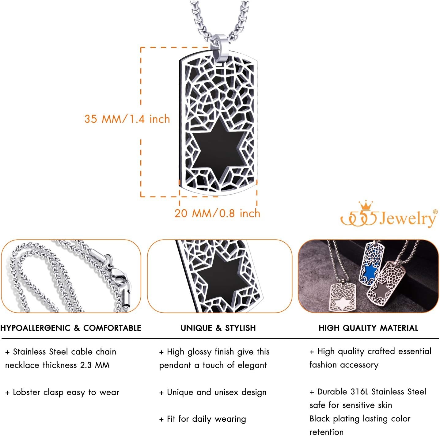 image:image555Jewelry Stainless Steel Star of David Dog Tag Necklace for Men amp Women 1624 Inch Box ChainBlack
