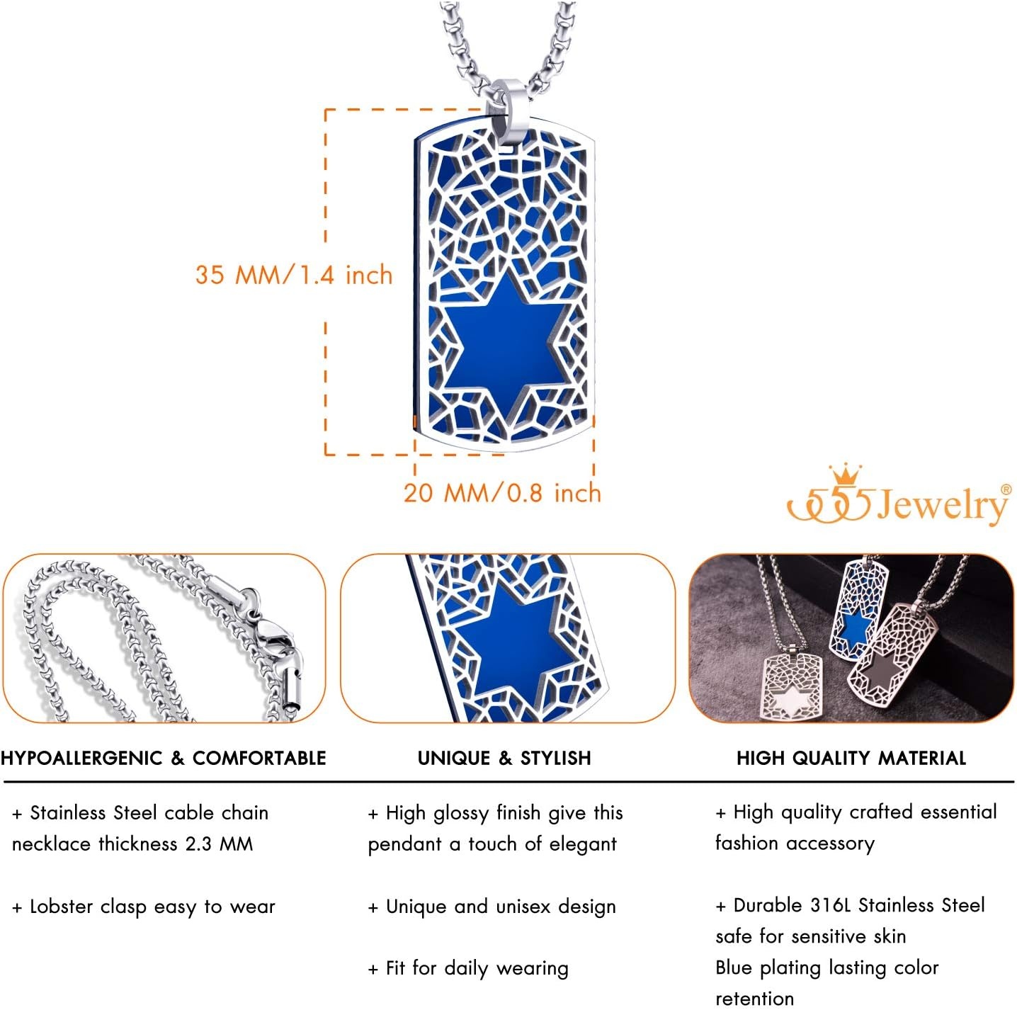 image:image555Jewelry Stainless Steel Star of David Dog Tag Necklace for Men amp Women 1624 Inch Box ChainBlue