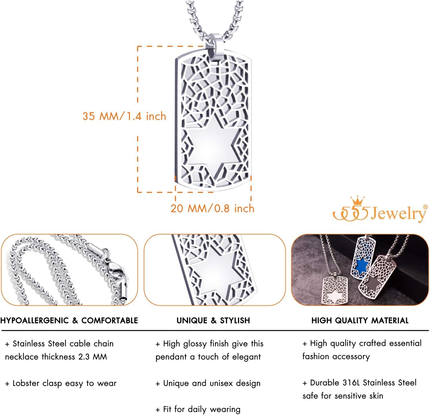 image:image555Jewelry Stainless Steel Star of David Dog Tag Necklace for Men amp Women 1624 Inch Box ChainSilver