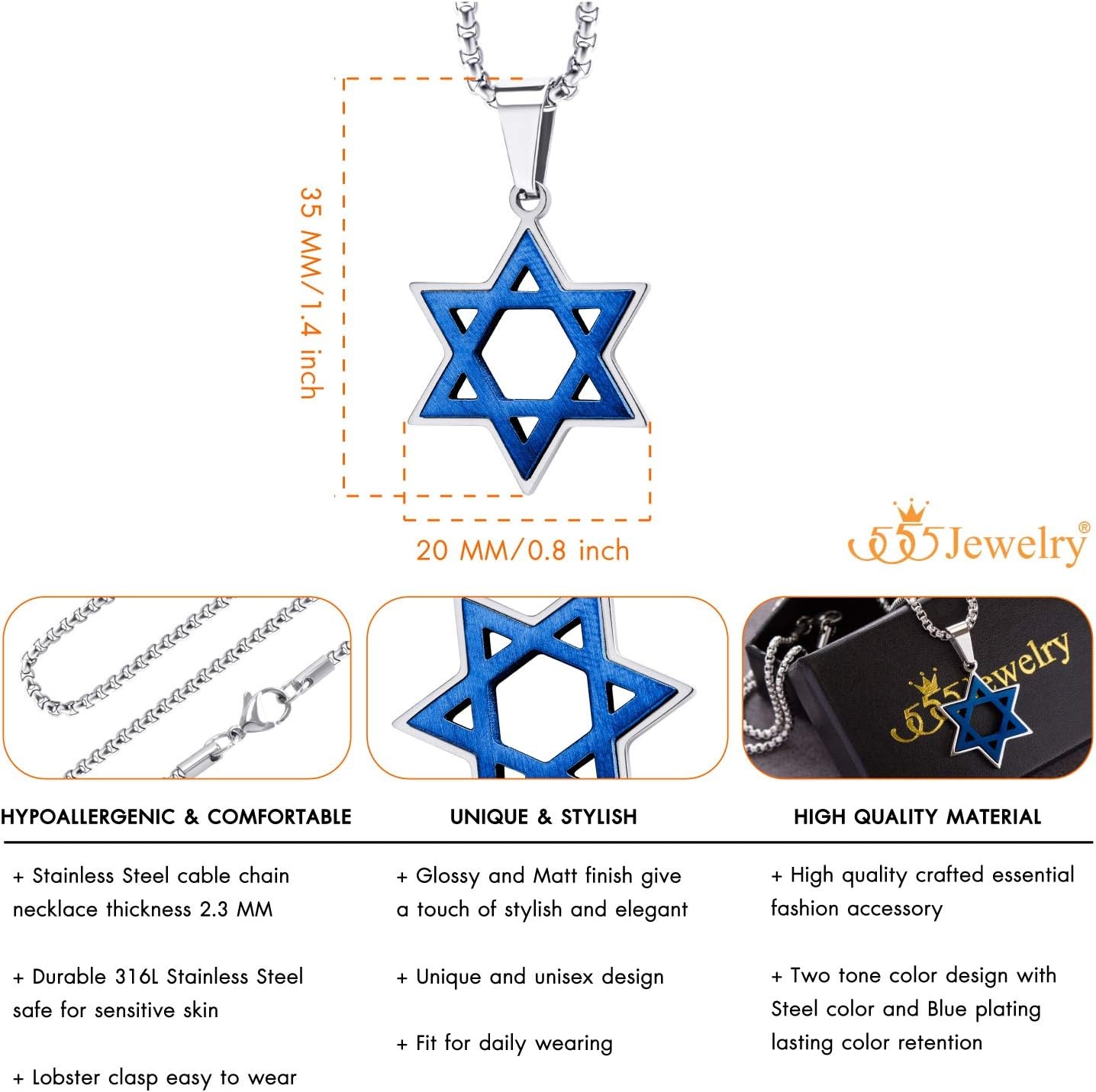 image:image555Jewelry Stainless Steel Star of David Necklace for Men amp Women 1624 Inch Box ChainSilver Blue