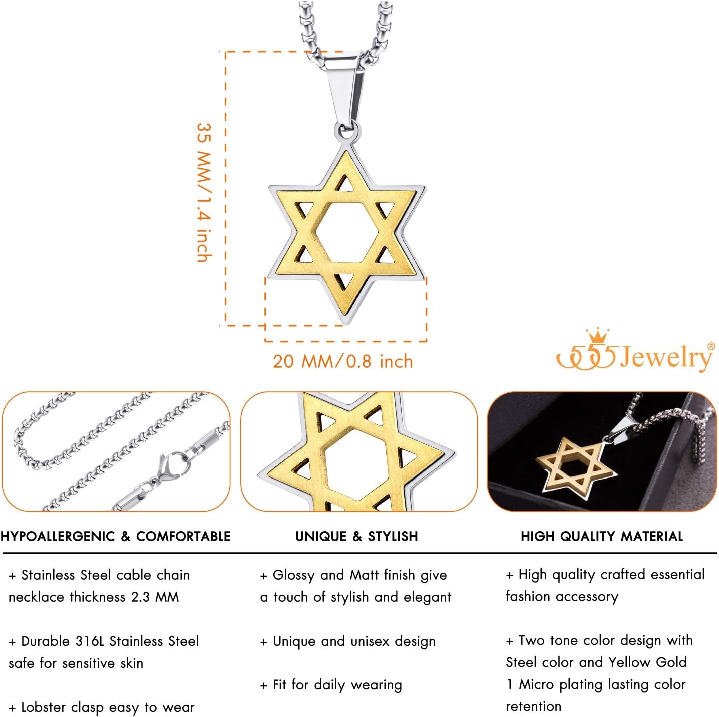 image:image555Jewelry Stainless Steel Star of David Necklace for Men amp Women 1624 Inch Box ChainSilver Gold
