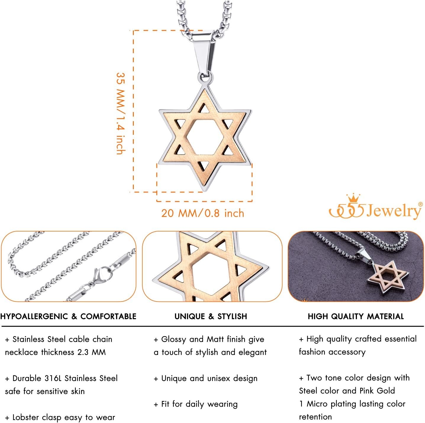 image:image555Jewelry Stainless Steel Star of David Necklace for Men amp Women 1624 Inch Box ChainSilver Rose Gold