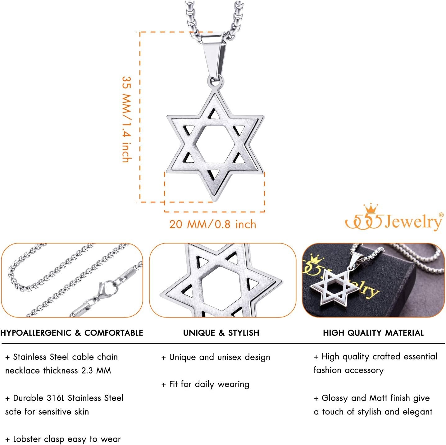 image:image555Jewelry Stainless Steel Star of David Necklace for Men amp Women 1624 Inch Box ChainSilver
