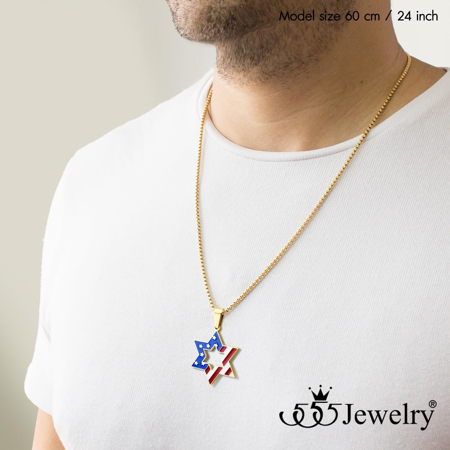 image:image555Jewelry Stainless Steel Star of David amp US Flag Necklace Pendant 1624 Box ChainGold Style 1