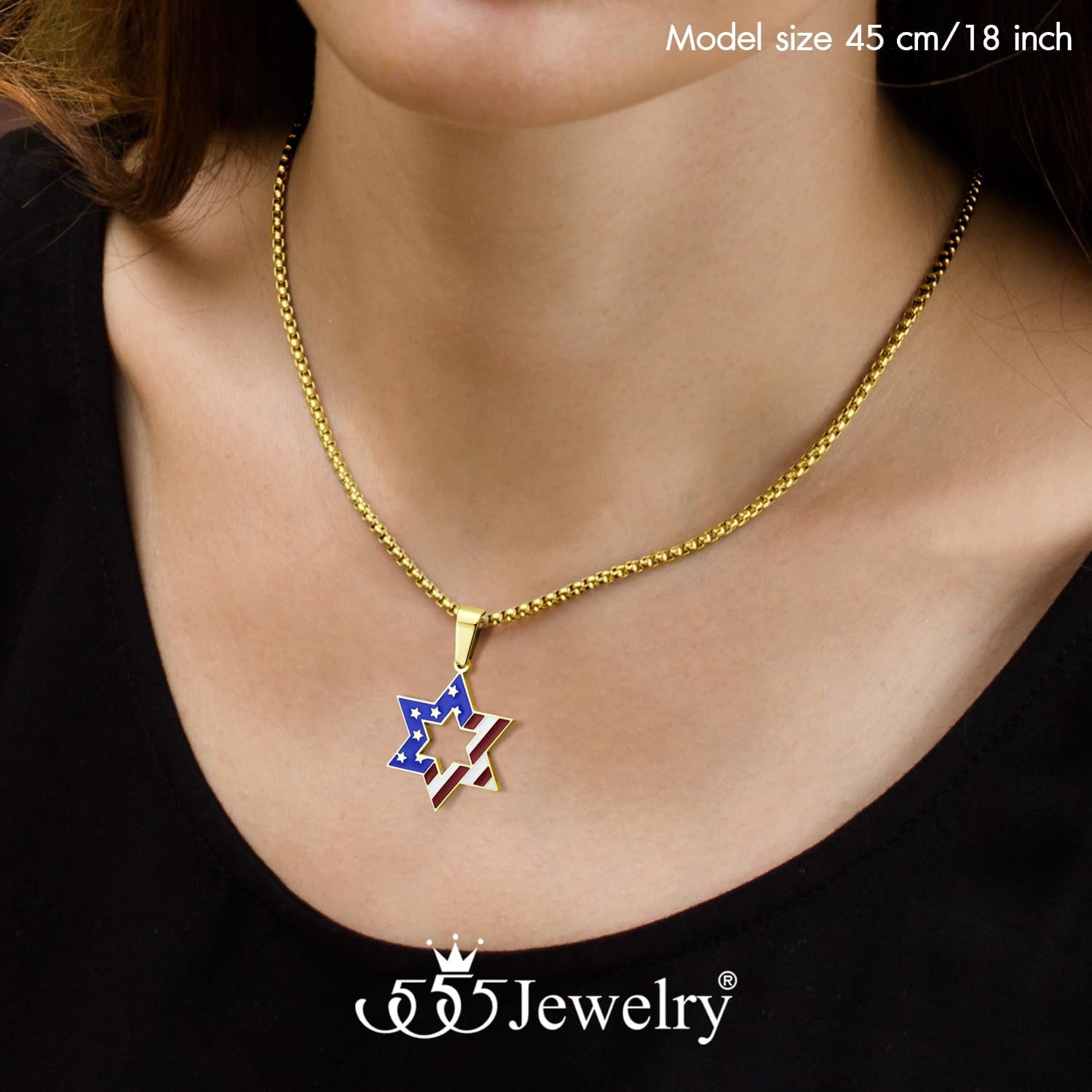 image:image555Jewelry Stainless Steel Star of David amp US Flag Necklace Pendant 1624 Box ChainGold Style 1
