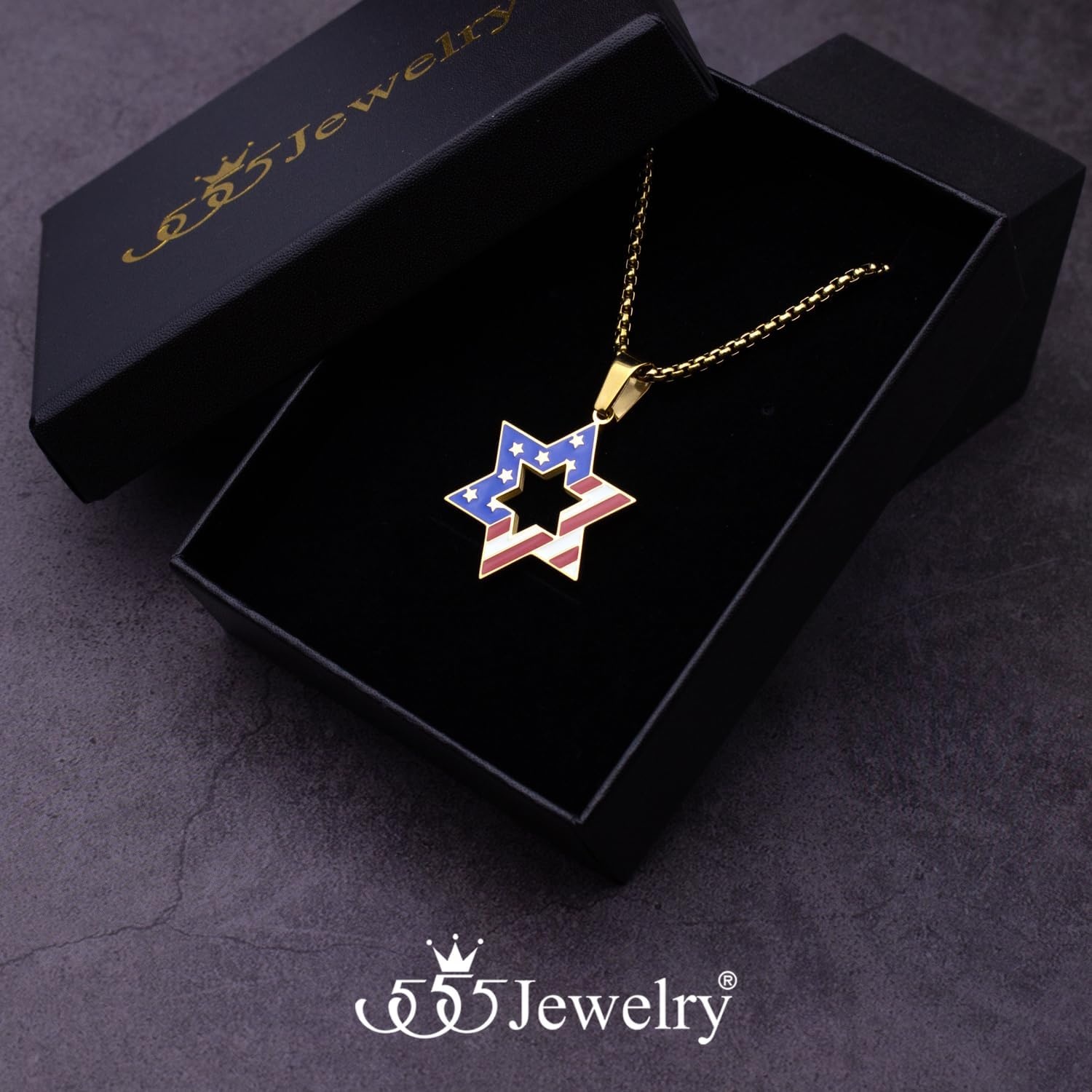 image:image555Jewelry Stainless Steel Star of David amp US Flag Necklace Pendant 1624 Box ChainGold Style 1