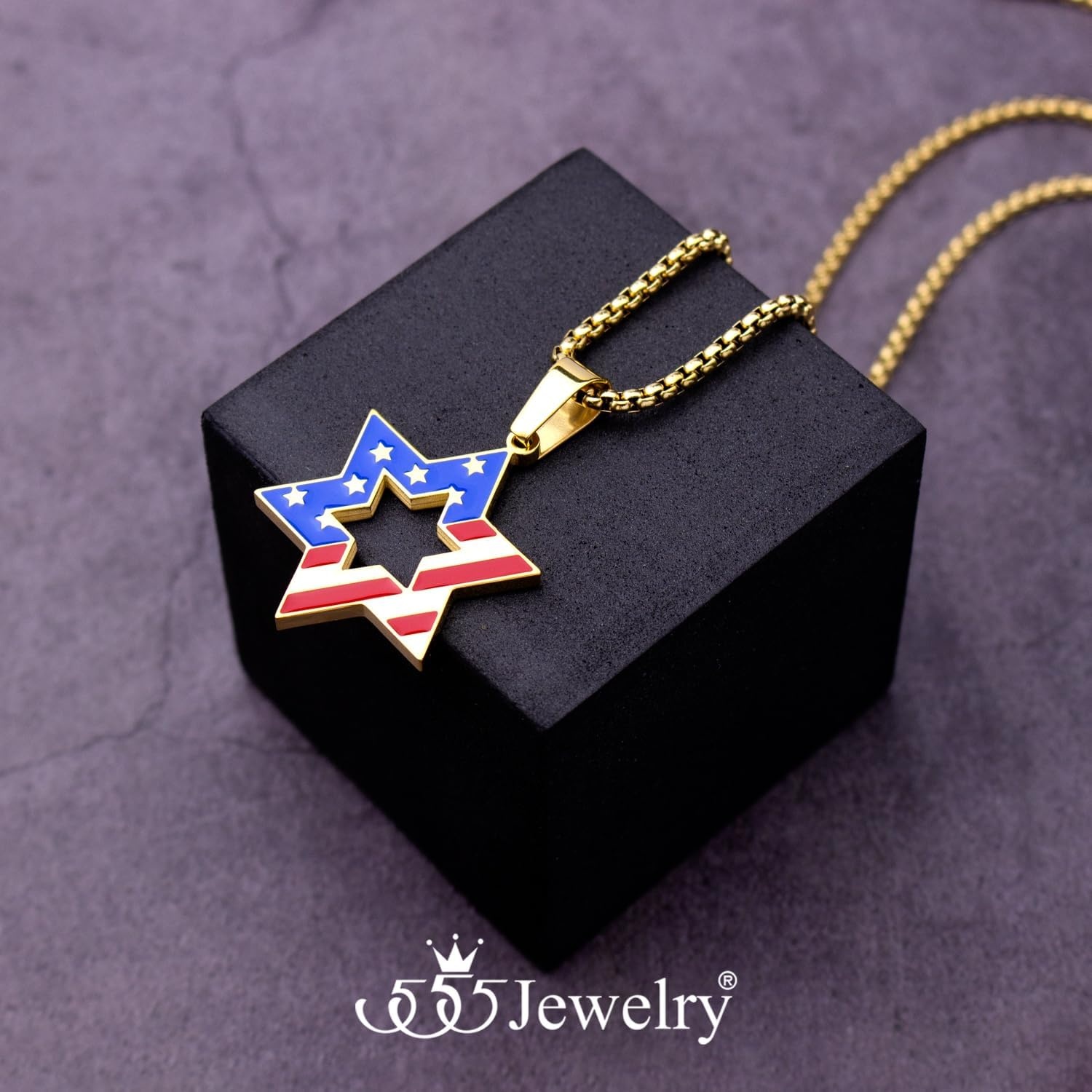 image:image555Jewelry Stainless Steel Star of David amp US Flag Necklace Pendant 1624 Box ChainGold Style 1
