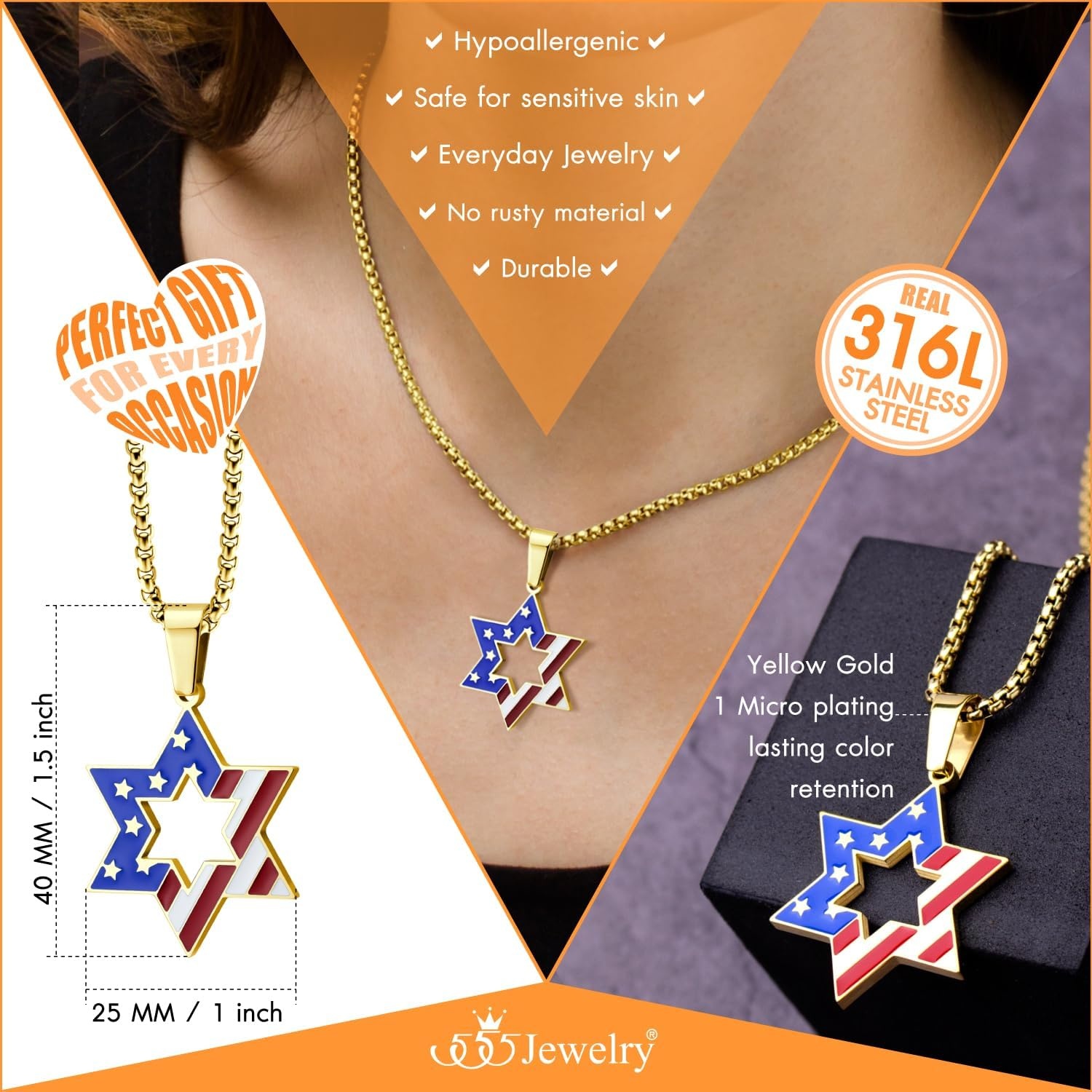 image:image555Jewelry Stainless Steel Star of David amp US Flag Necklace Pendant 1624 Box ChainGold Style 1