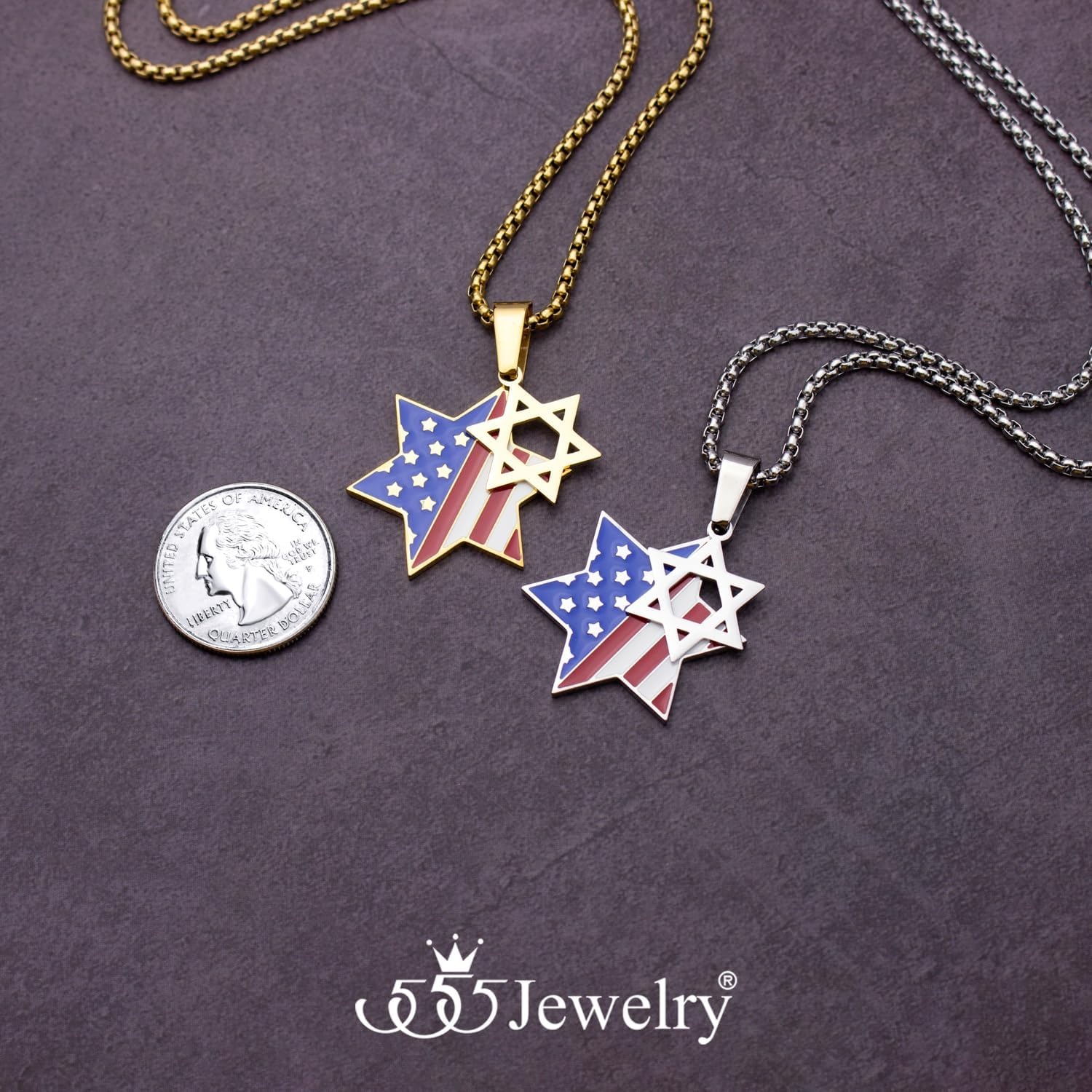 image:image555Jewelry Stainless Steel Star of David amp US Flag Necklace Pendant 1624 Box ChainGold Style 3