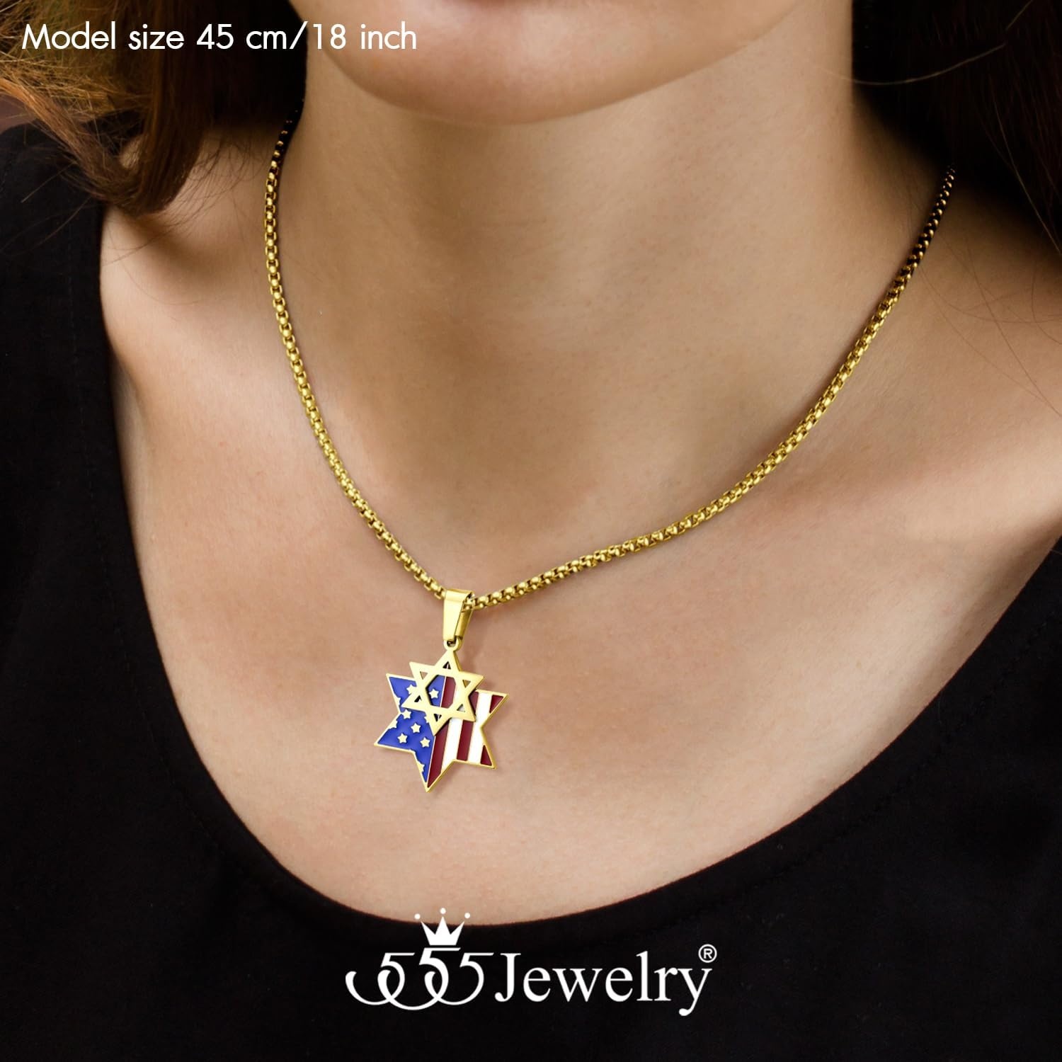 image:image555Jewelry Stainless Steel Star of David amp US Flag Necklace Pendant 1624 Box ChainGold Style 3