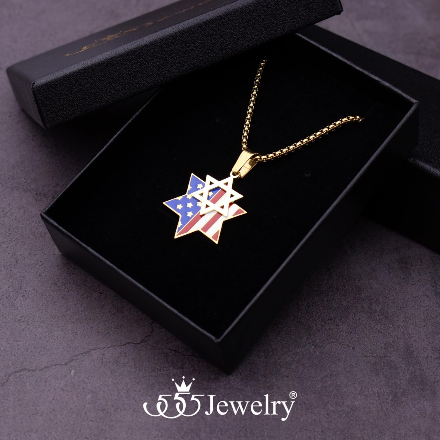 image:image555Jewelry Stainless Steel Star of David amp US Flag Necklace Pendant 1624 Box ChainGold Style 3