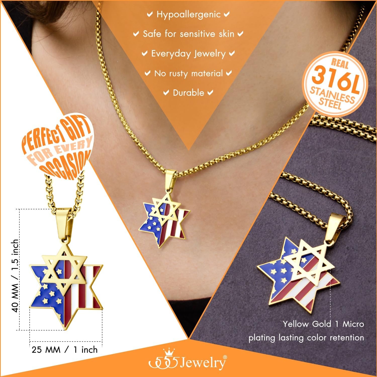 image:image555Jewelry Stainless Steel Star of David amp US Flag Necklace Pendant 1624 Box ChainGold Style 3