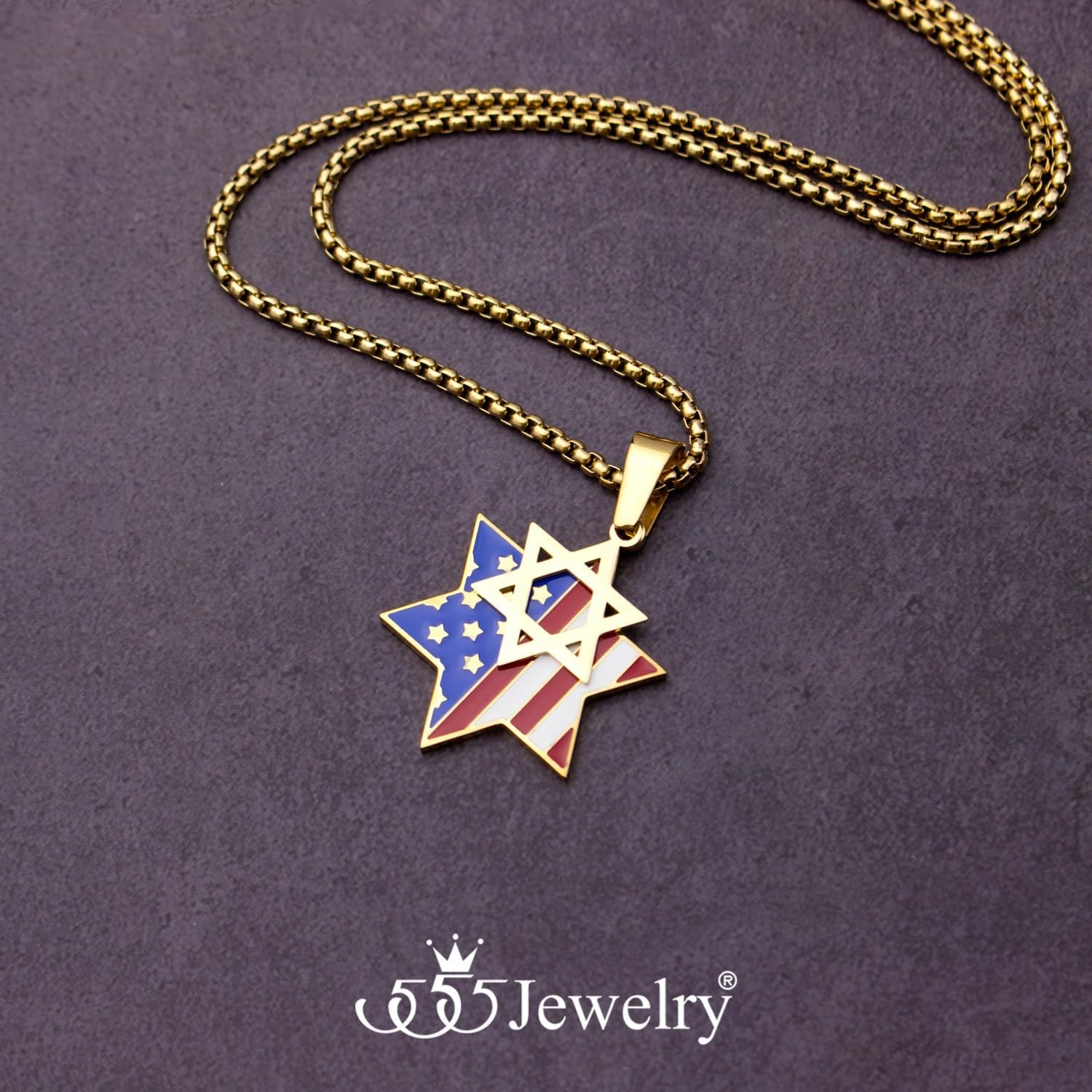 image:image555Jewelry Stainless Steel Star of David amp US Flag Necklace Pendant 1624 Box ChainGold Style 3