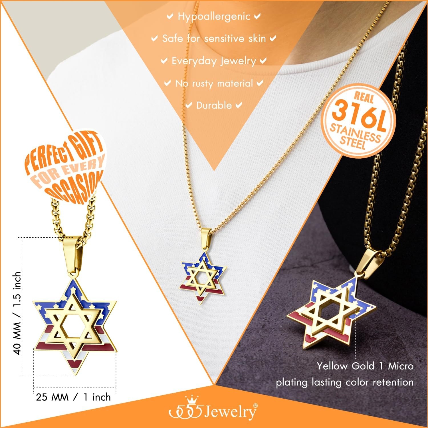 image:image555Jewelry Stainless Steel Star of David amp US Flag Necklace Pendant 1624 Box ChainGold Style 4
