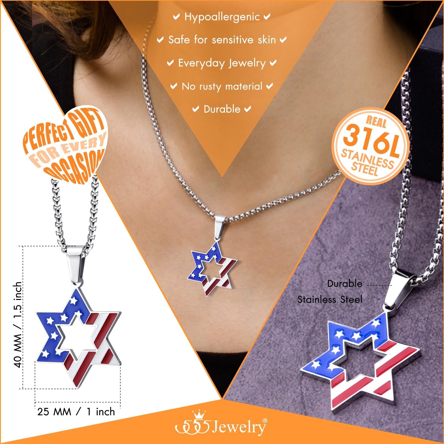 image:image555Jewelry Stainless Steel Star of David amp US Flag Necklace Pendant 1624 Box ChainSilver Style 1