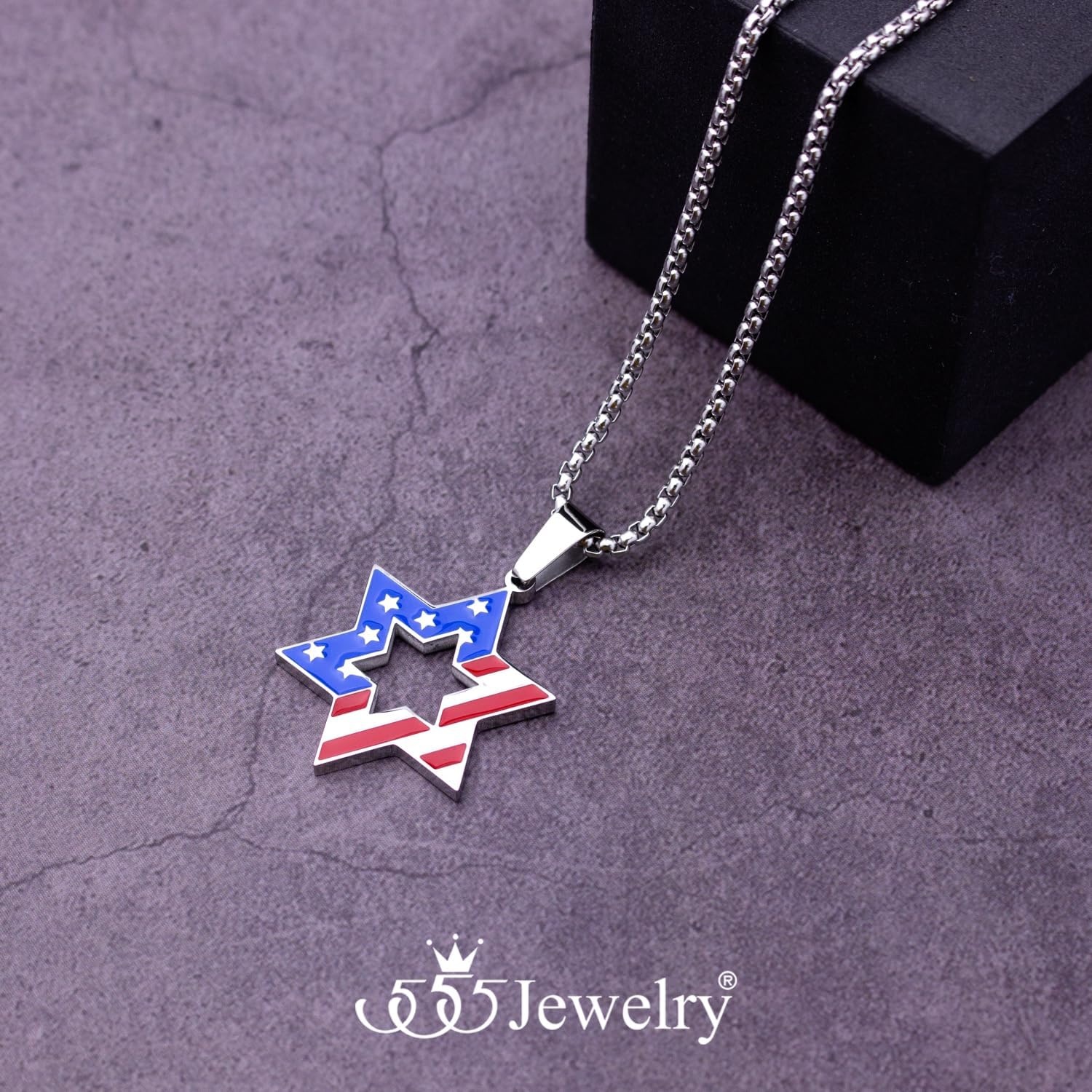 image:image555Jewelry Stainless Steel Star of David amp US Flag Necklace Pendant 1624 Box ChainSilver Style 1