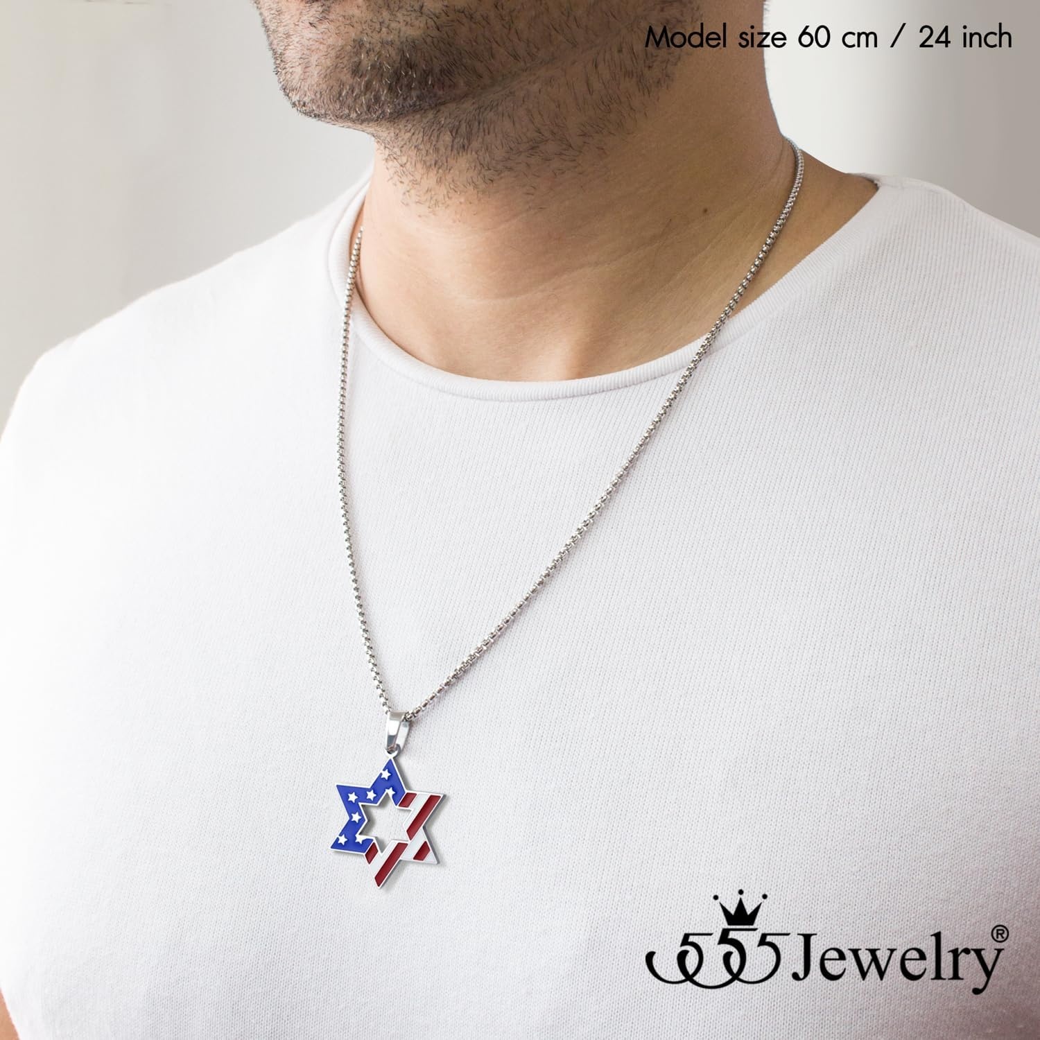 image:image555Jewelry Stainless Steel Star of David amp US Flag Necklace Pendant 1624 Box ChainSilver Style 1