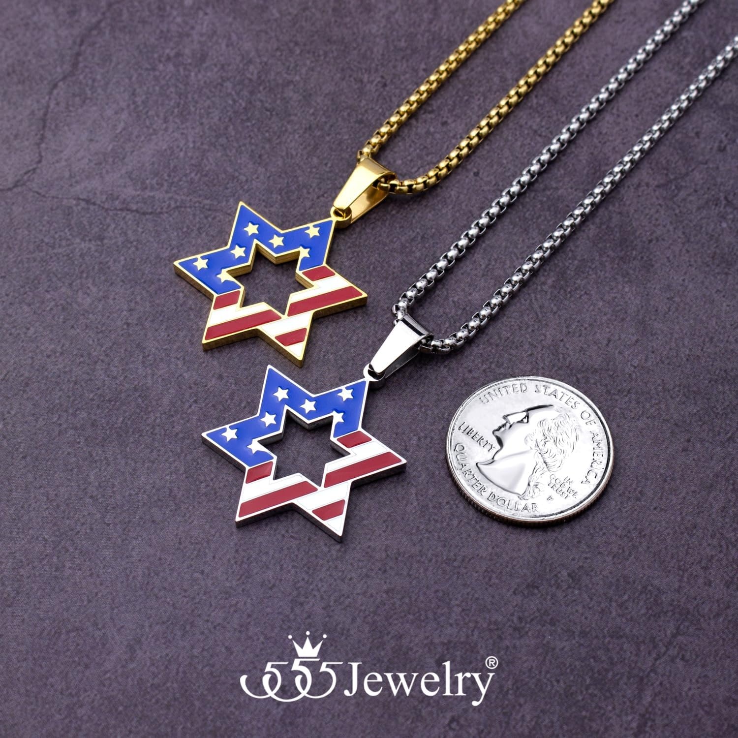 image:image555Jewelry Stainless Steel Star of David amp US Flag Necklace Pendant 1624 Box ChainSilver Style 1