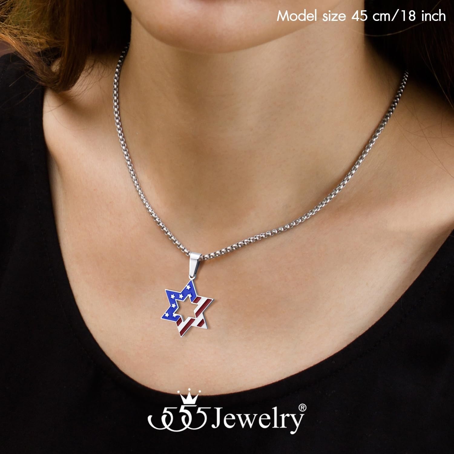 image:image555Jewelry Stainless Steel Star of David amp US Flag Necklace Pendant 1624 Box ChainSilver Style 1