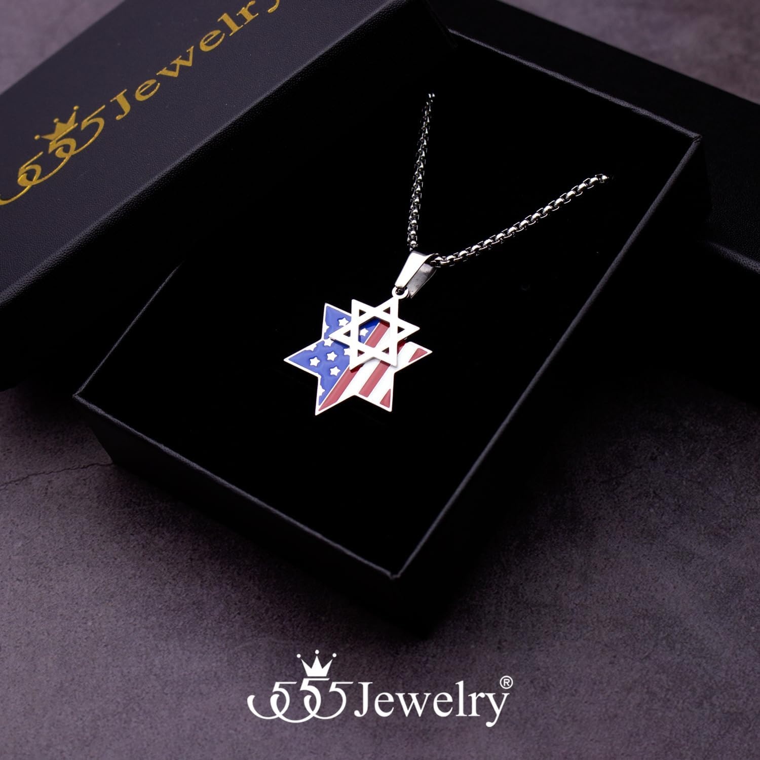 image:image555Jewelry Stainless Steel Star of David amp US Flag Necklace Pendant 1624 Box ChainSilver Style 3
