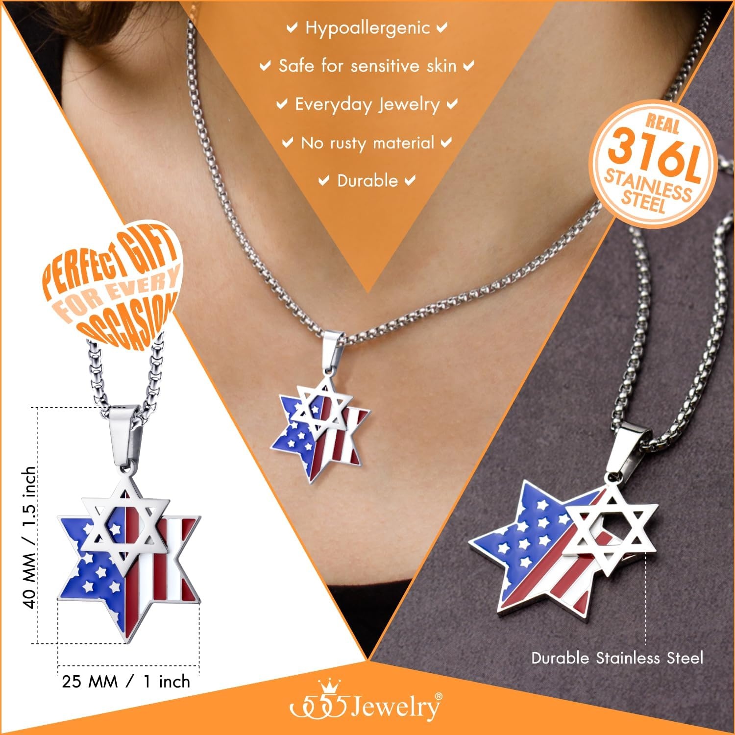 image:image555Jewelry Stainless Steel Star of David amp US Flag Necklace Pendant 1624 Box ChainSilver Style 3