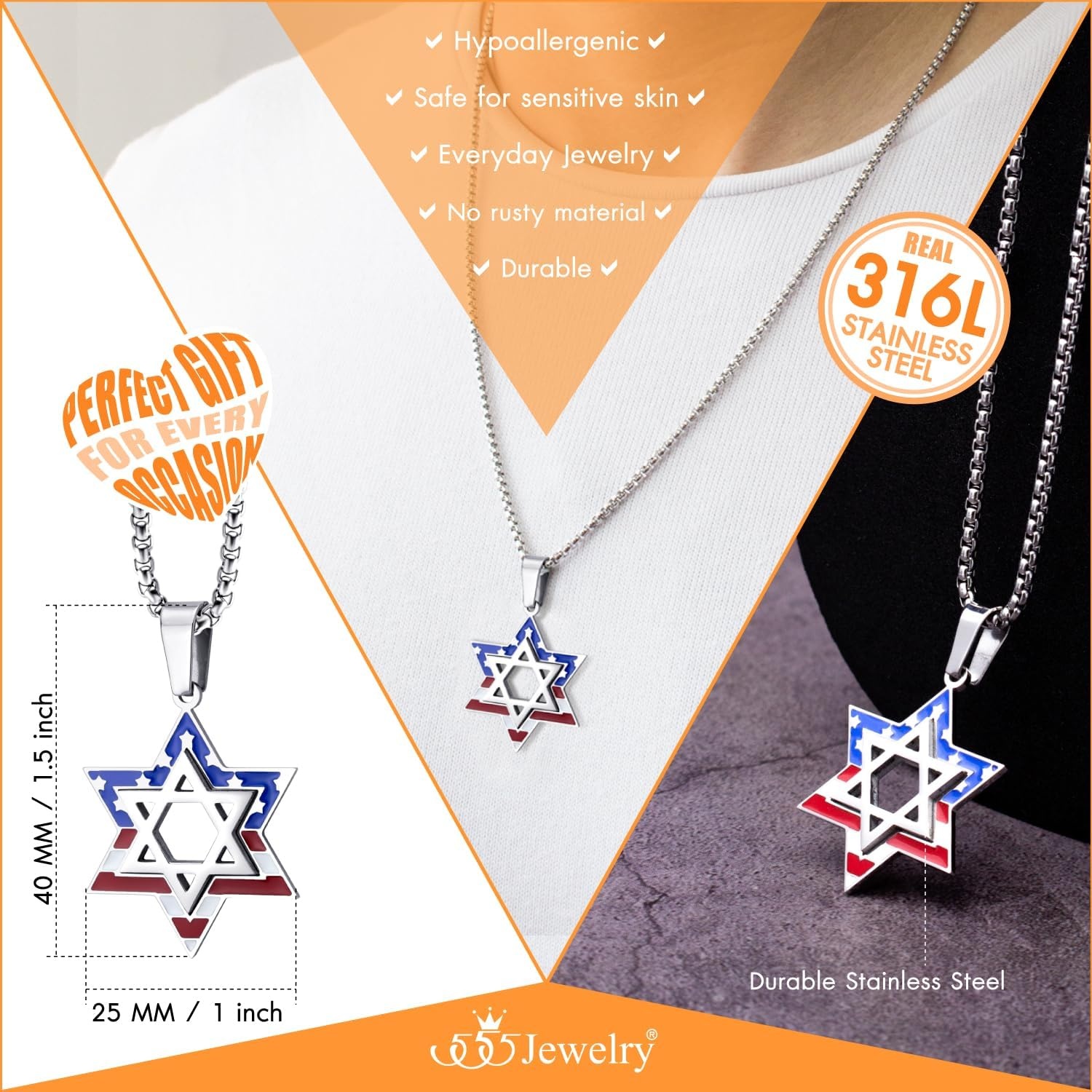 image:image555Jewelry Stainless Steel Star of David amp US Flag Necklace Pendant 1624 Box ChainSilver Style 4