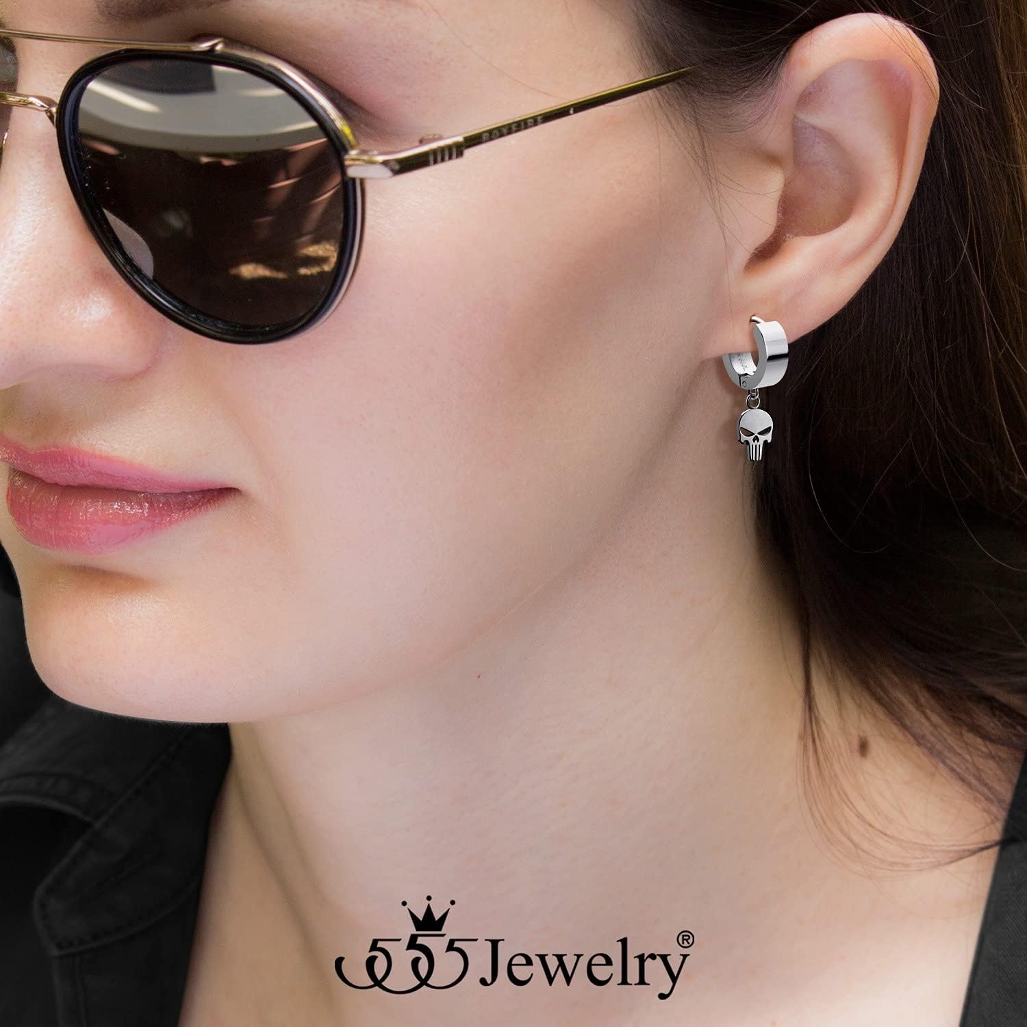 image:image555Jewelry Stainless Steel Unisex Dangle Charm Skull Hoop EarringsSilver
