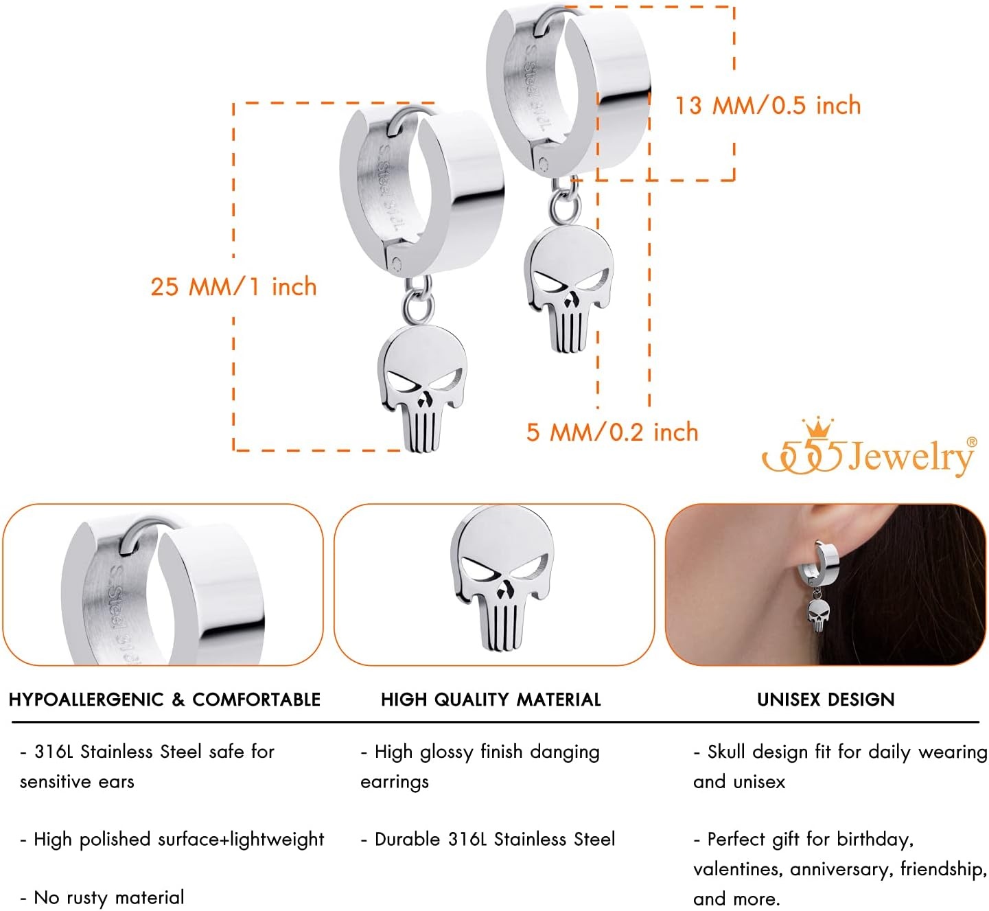 image:image555Jewelry Stainless Steel Unisex Dangle Charm Skull Hoop EarringsSilver