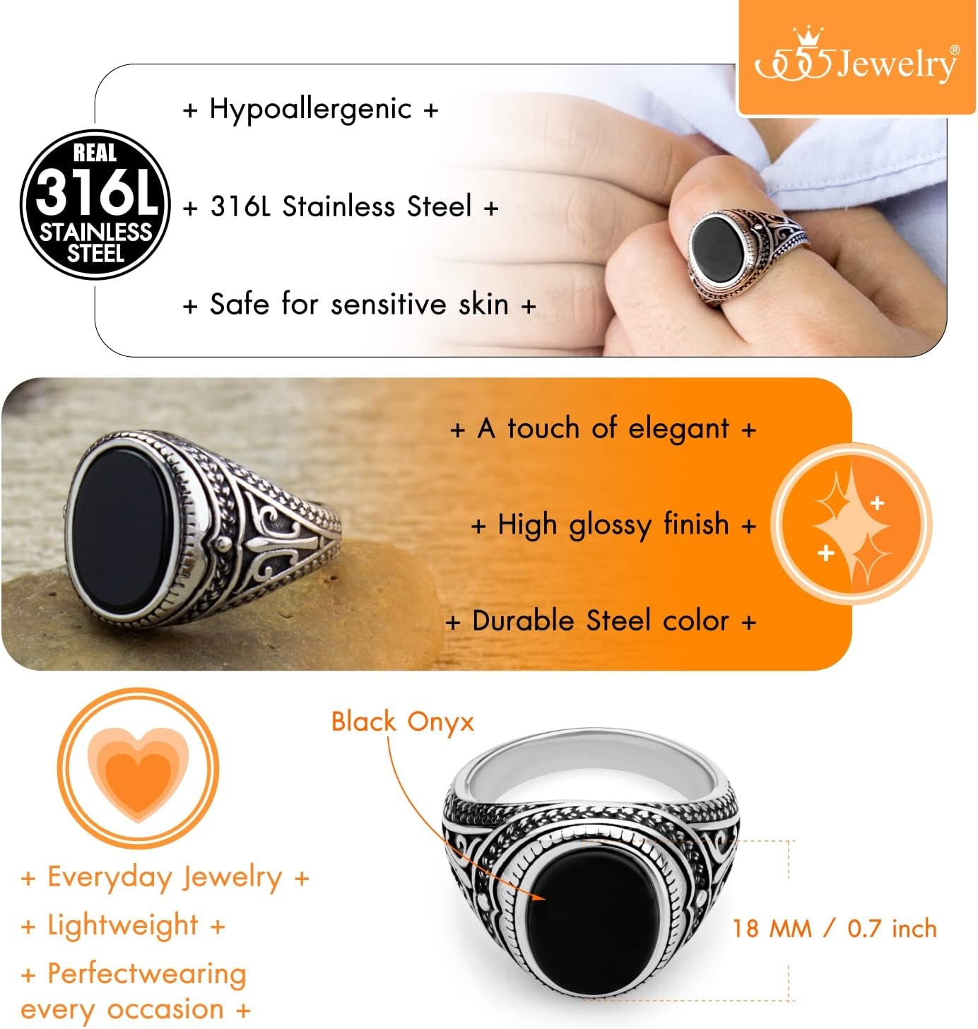image:image555Jewelry Stainless Steel Vintage Celtic Signet Onyx Stone Ring for MenOnyx