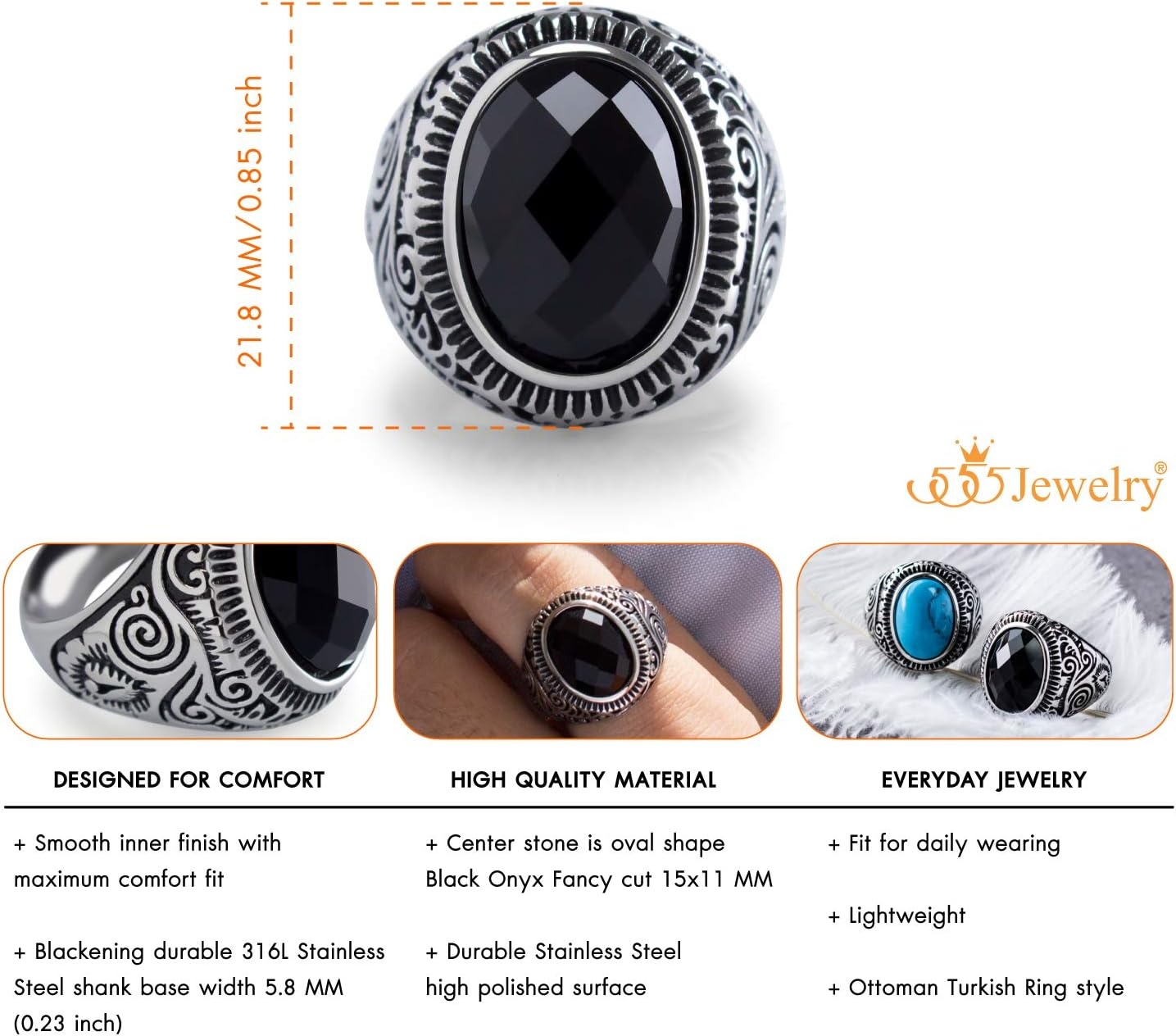 image:image555Jewelry Stainless Steel Vintage Celtic Signet Onyx Stone Ring for MenOnyx Style 1