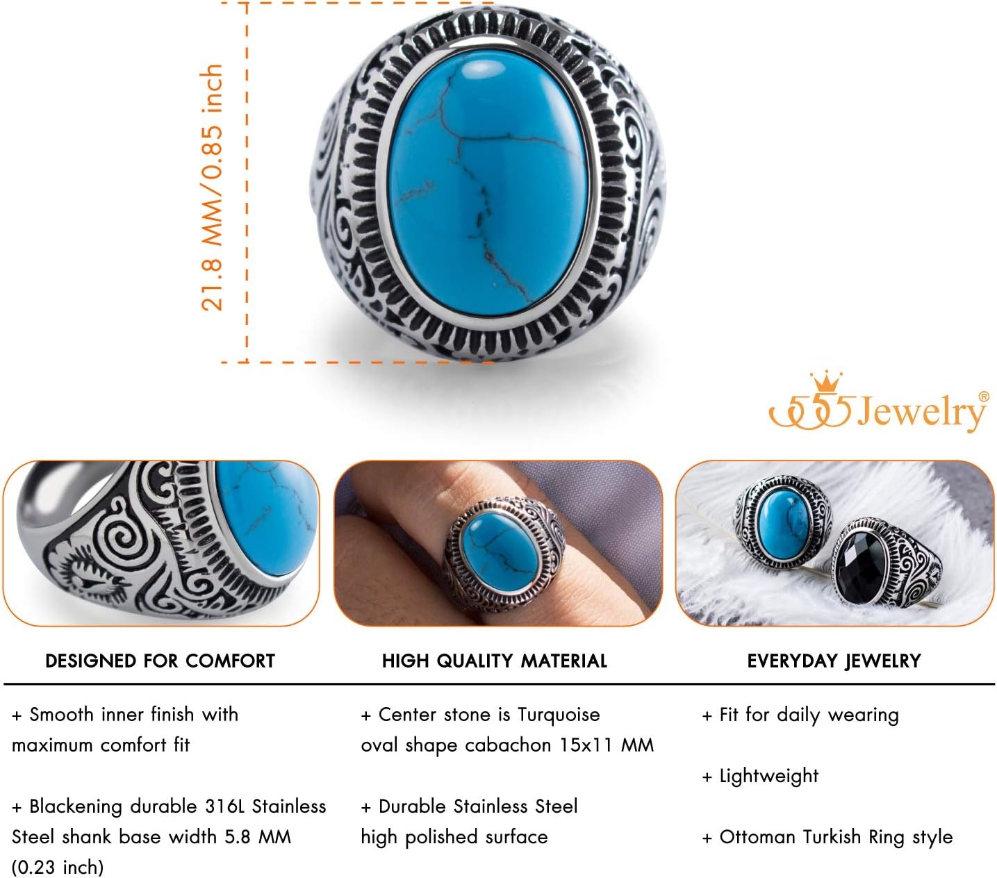 image:image555Jewelry Stainless Steel Vintage Celtic Signet Turquoise Stone Ring for MenTurquoise Style 1