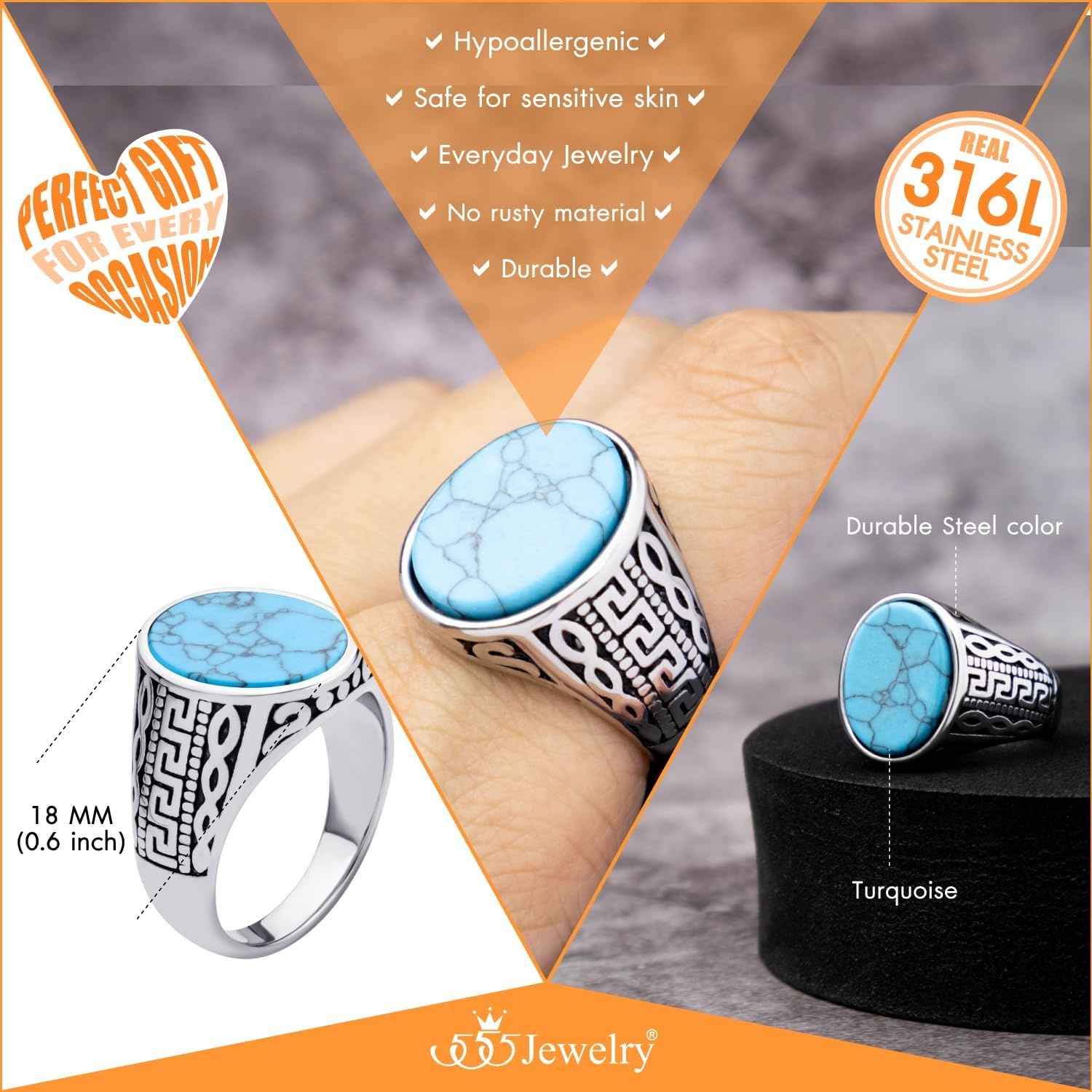 image:image555Jewelry Stainless Steel Vintage Celtic Signet Turquoise Stone Ring for MenTurquoise Style 3