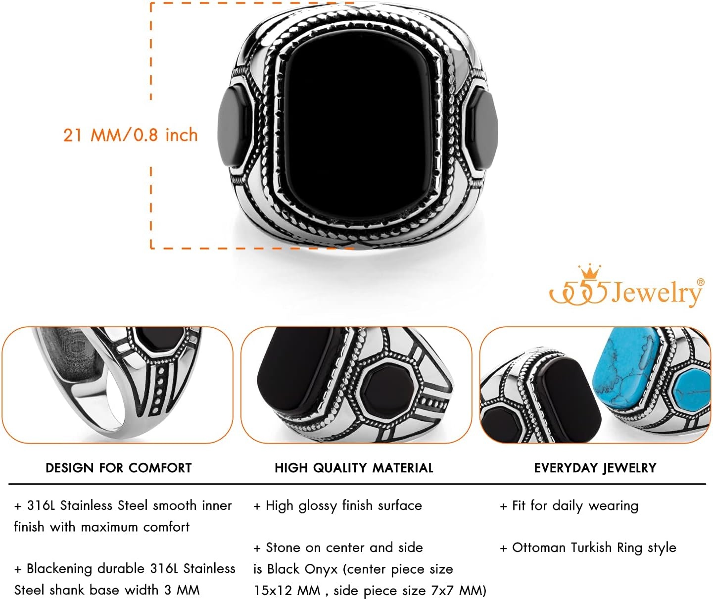 image:image555Jewelry Stainless Steel Vintage Celtic Signet TurquoiseOnyx Stone Ring for MenOnyx