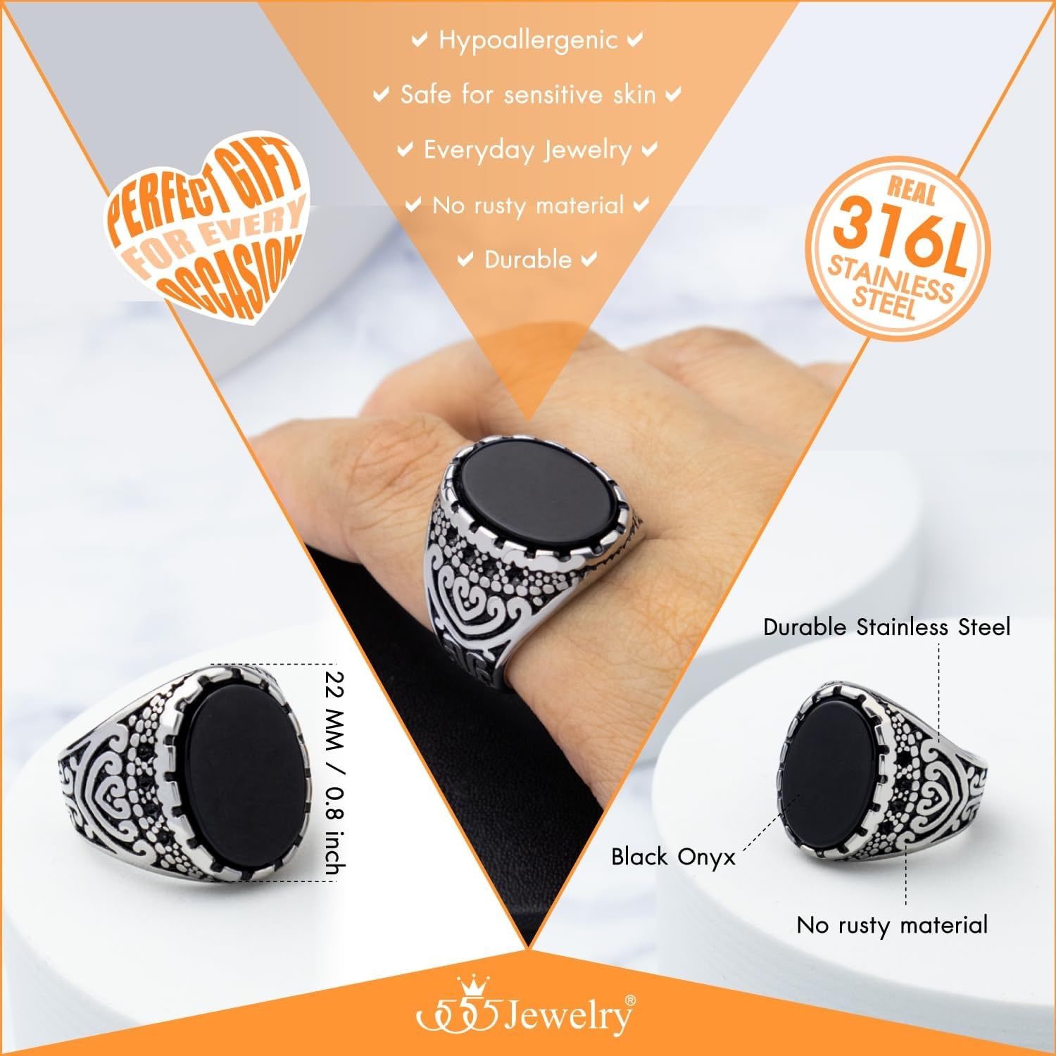 image:image555Jewelry Stainless Steel Vintage Celtic Signet TurquoiseOnyx Stone Ring for MenOnyx Style 2