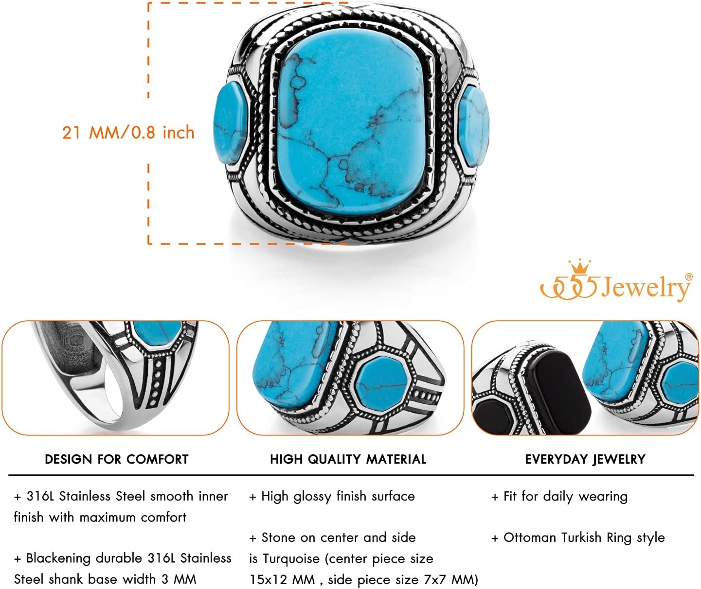 image:image555Jewelry Stainless Steel Vintage Celtic Signet TurquoiseOnyx Stone Ring for MenTurquoise