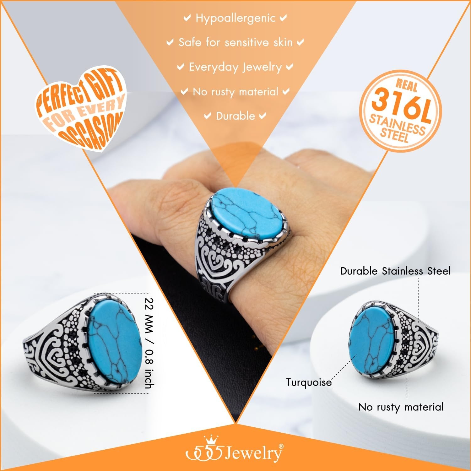 image:image555Jewelry Stainless Steel Vintage Celtic Signet TurquoiseOnyx Stone Ring for MenTurquoise Style 2