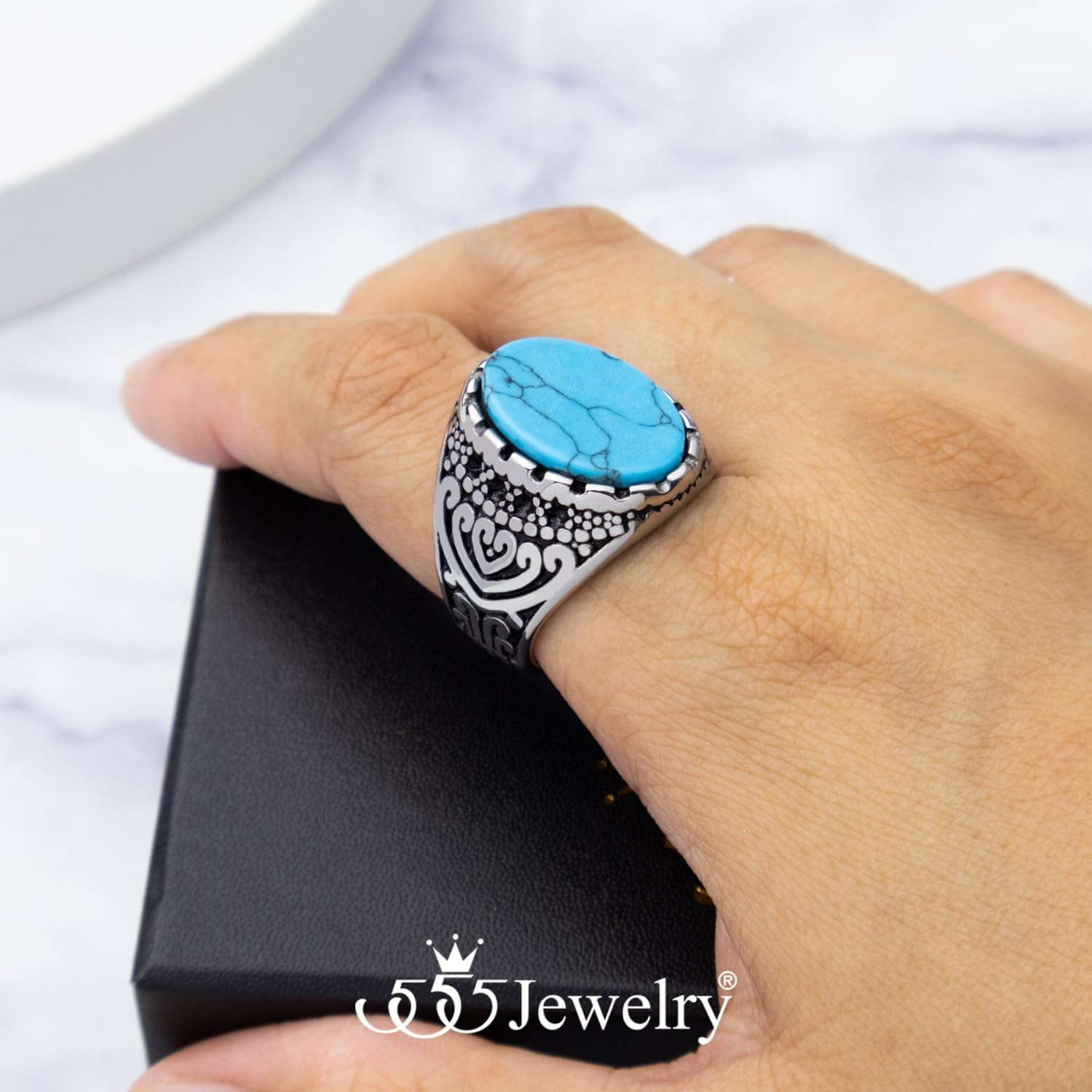 image:image555Jewelry Stainless Steel Vintage Celtic Signet TurquoiseOnyx Stone Ring for MenTurquoise Style 2