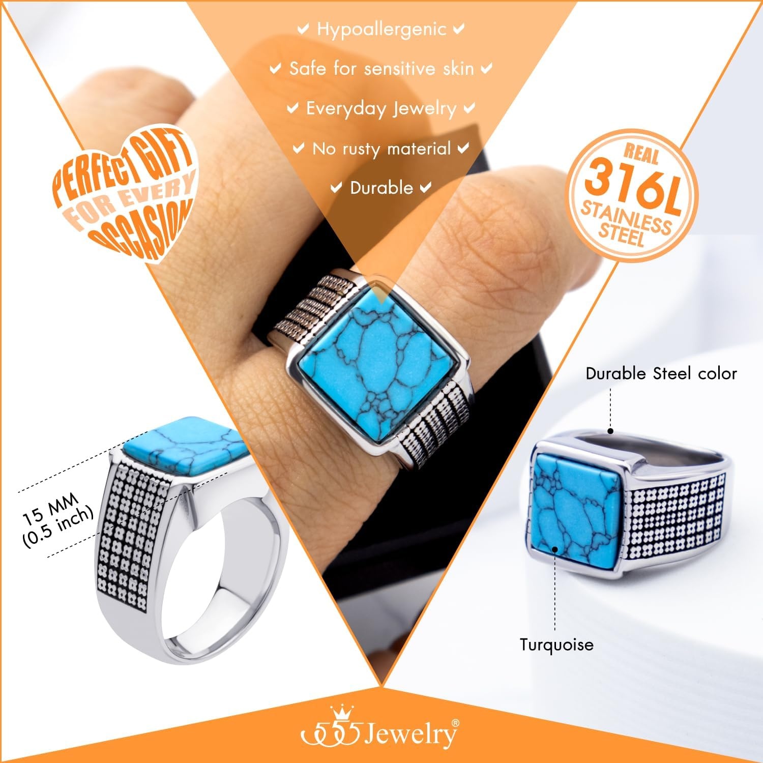 image:image555Jewelry Stainless Steel Vintage Celtic Signet TurquoiseOnyx Stone Ring for MenTurquoise Style 3