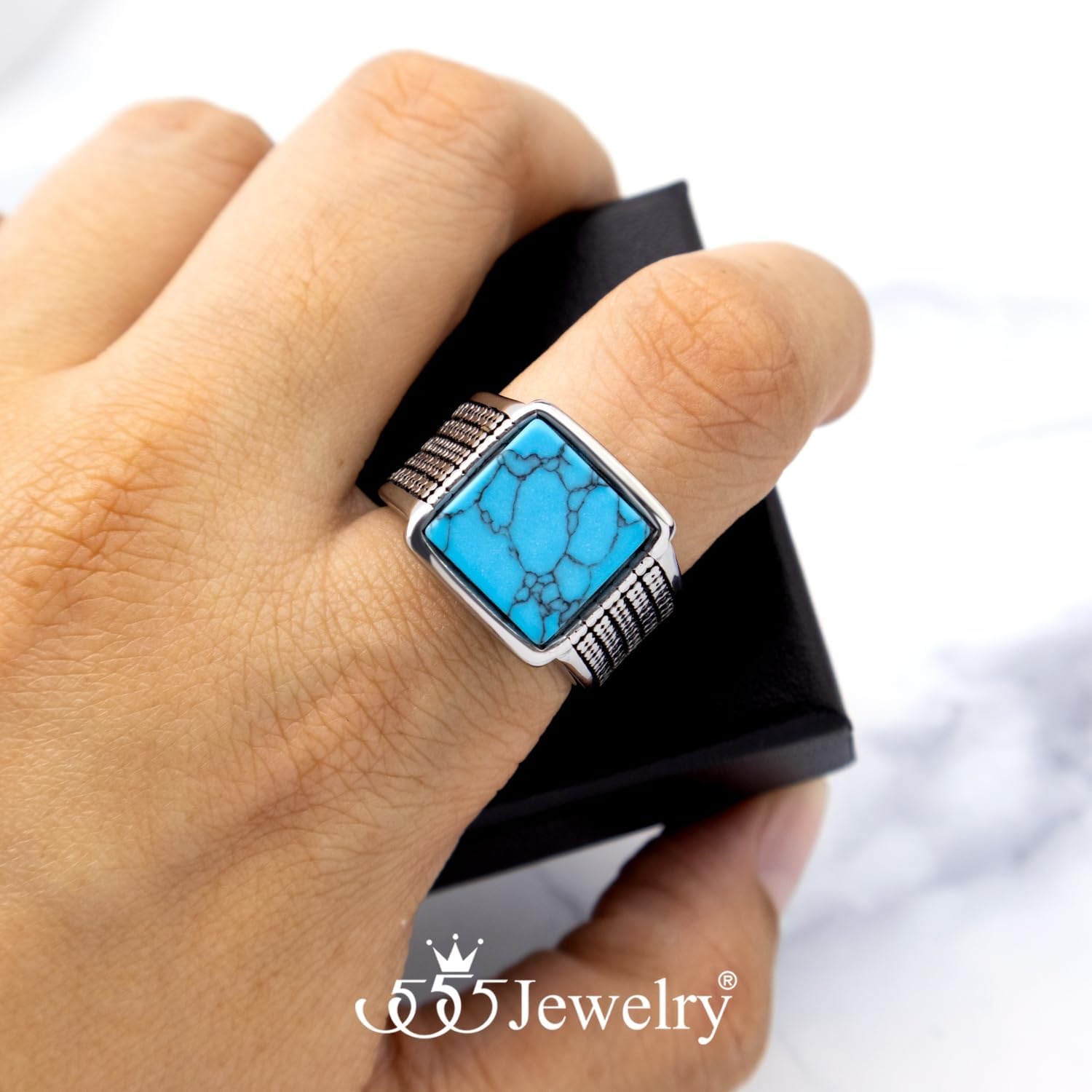 image:image555Jewelry Stainless Steel Vintage Celtic Signet TurquoiseOnyx Stone Ring for MenTurquoise Style 3