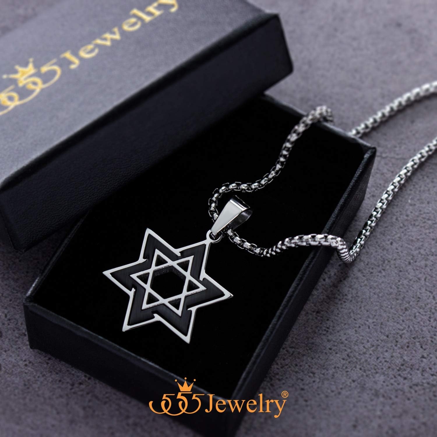 image:image555Jewelry Star of David Necklace for Men 2 Tone Stainless Steel Jewish Star Necklace with 1624 Inch Box Chain Star of David PendantSilver Black