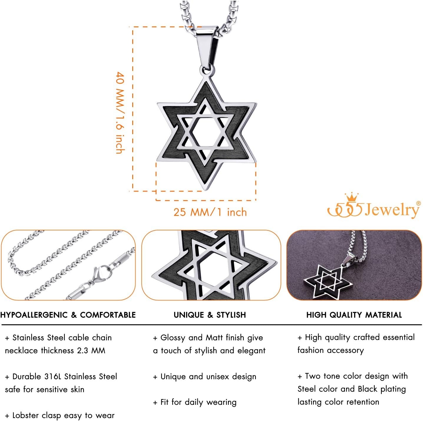 image:image555Jewelry Star of David Necklace for Men 2 Tone Stainless Steel Jewish Star Necklace with 1624 Inch Box Chain Star of David PendantSilver Black