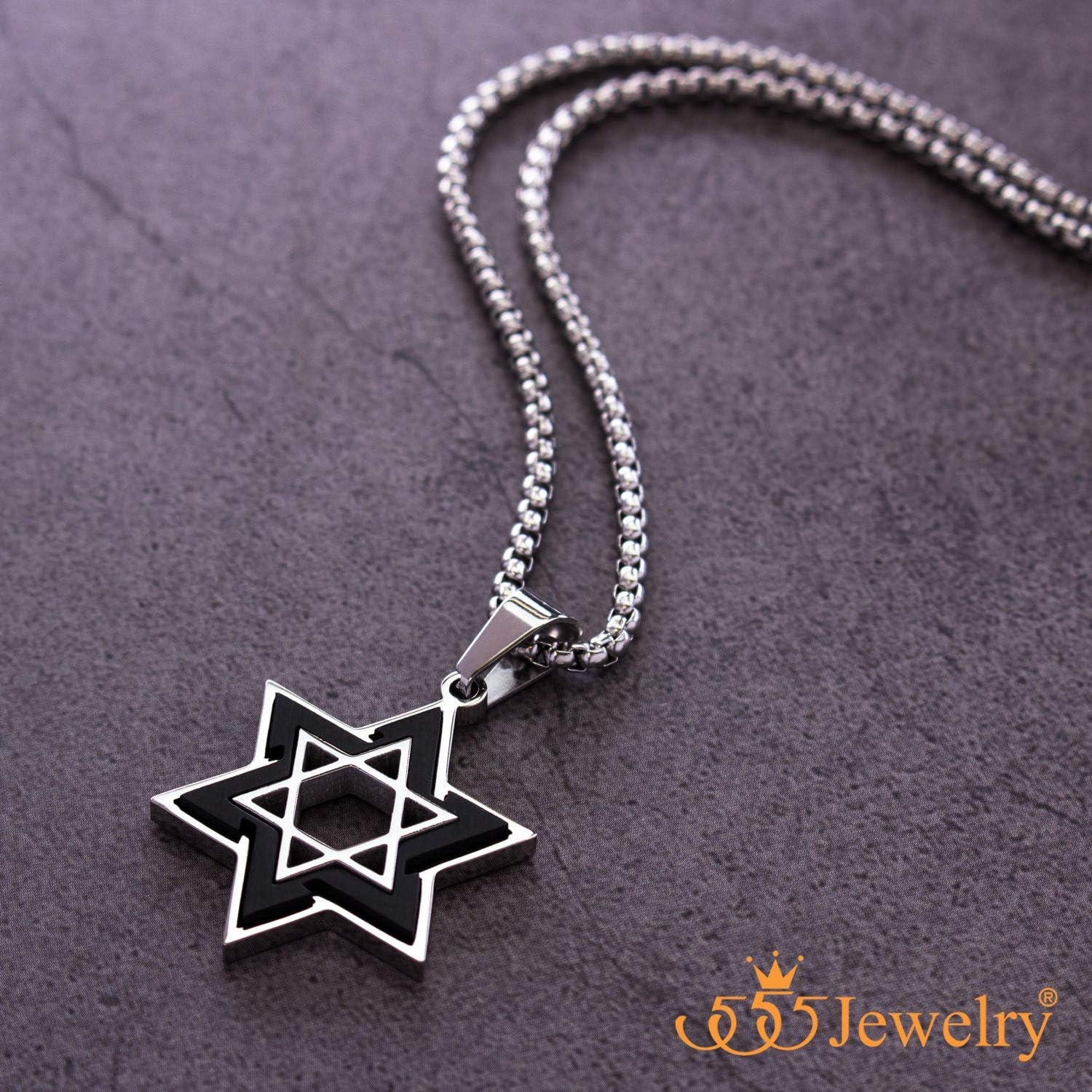image:image555Jewelry Star of David Necklace for Men 2 Tone Stainless Steel Jewish Star Necklace with 1624 Inch Box Chain Star of David PendantSilver Black