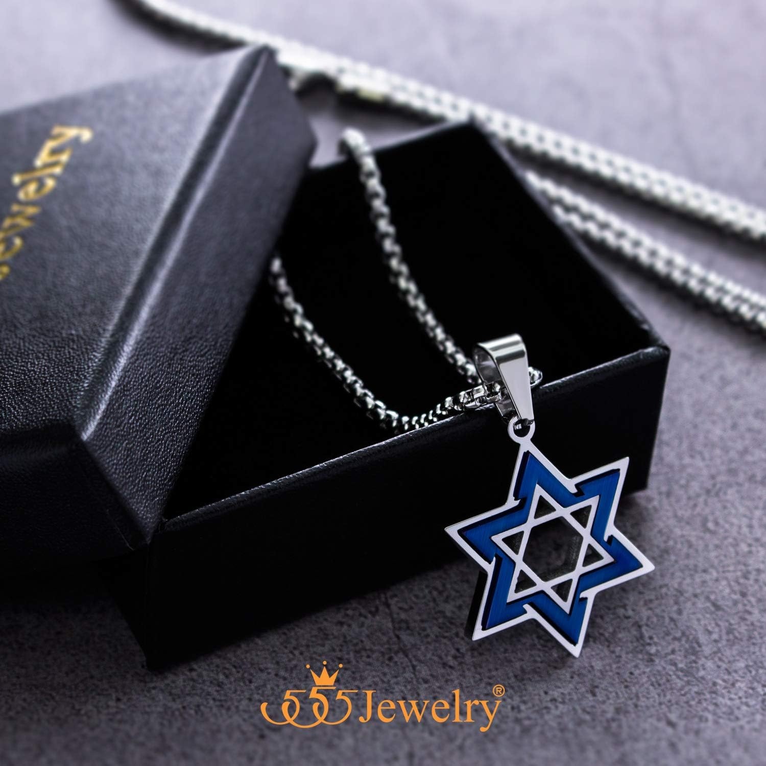 image:image555Jewelry Star of David Necklace for Men 2 Tone Stainless Steel Jewish Star Necklace with 1624 Inch Box Chain Star of David PendantSilver Blue