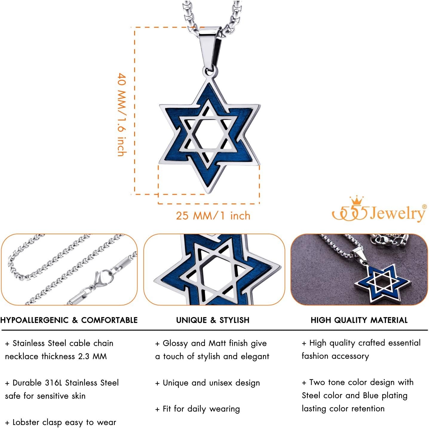 image:image555Jewelry Star of David Necklace for Men 2 Tone Stainless Steel Jewish Star Necklace with 1624 Inch Box Chain Star of David PendantSilver Blue