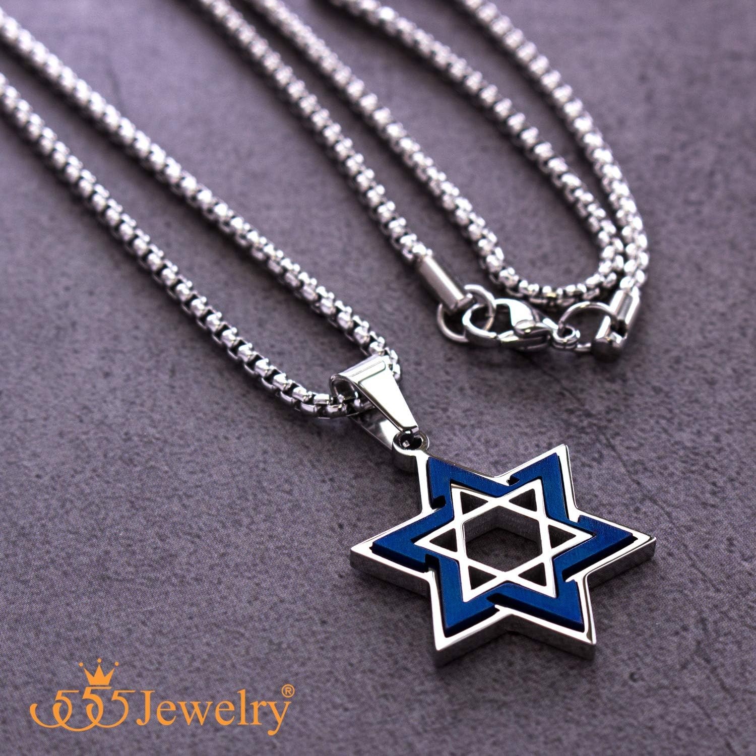 image:image555Jewelry Star of David Necklace for Men 2 Tone Stainless Steel Jewish Star Necklace with 1624 Inch Box Chain Star of David PendantSilver Blue
