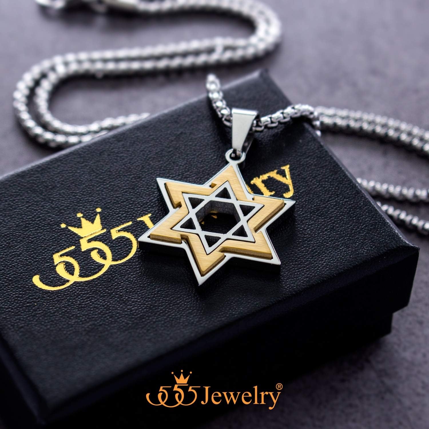 image:image555Jewelry Star of David Necklace for Men 2 Tone Stainless Steel Jewish Star Necklace with 1624 Inch Box Chain Star of David PendantSilver Gold