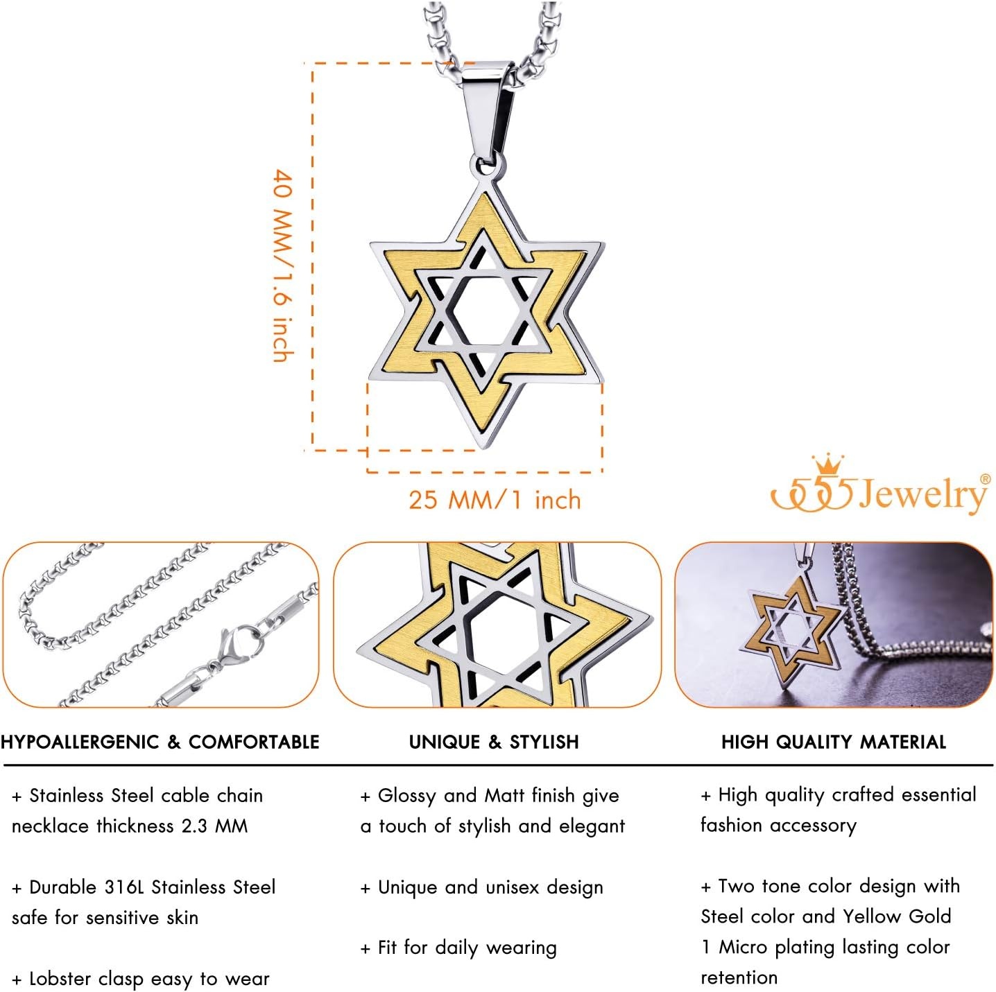 image:image555Jewelry Star of David Necklace for Men 2 Tone Stainless Steel Jewish Star Necklace with 1624 Inch Box Chain Star of David PendantSilver Gold